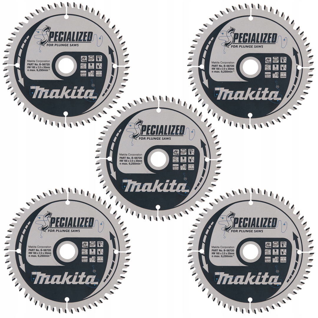 5 kotoučů na dřevo 165 x 20 mm s 60 zuby a vidlicí Specialized Makita B-56720-5