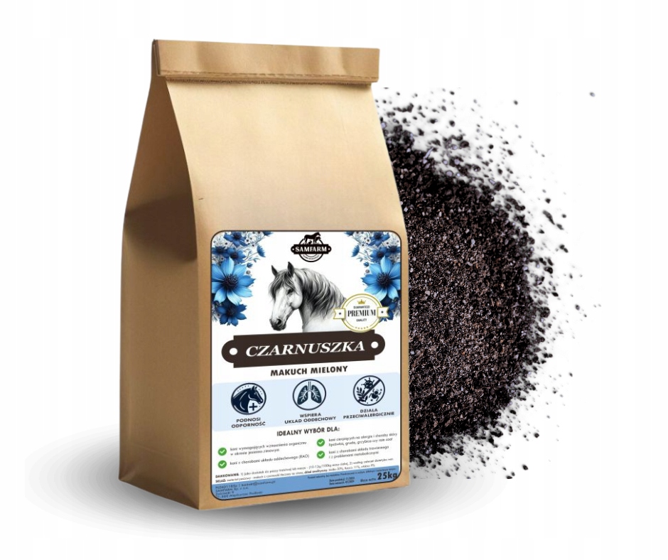 Makuch z czarnuszki 25kg mielony naturalny suplement dla koni Samfarm