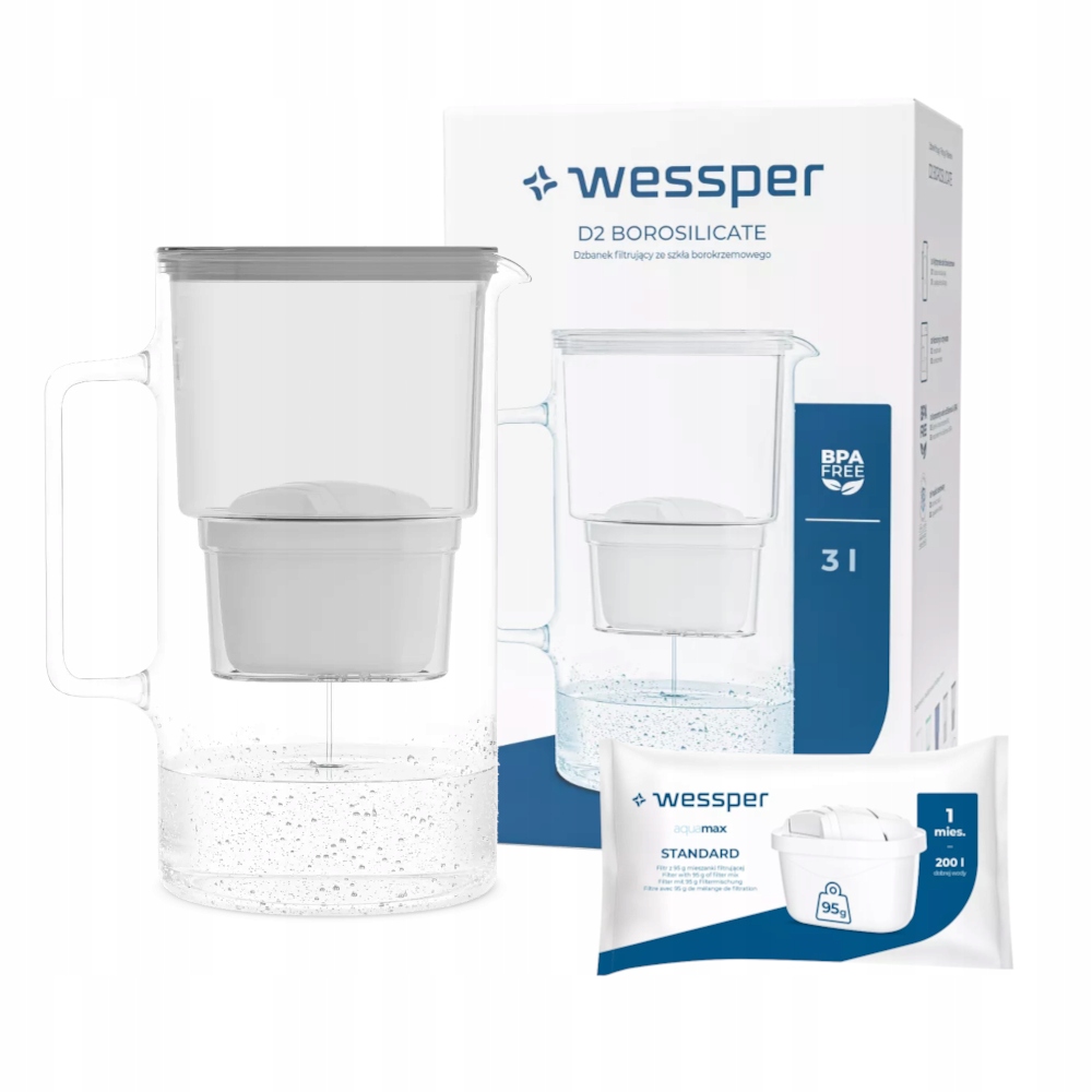 Dzbanek filtrujący Szklany 3l Wessper D2 Borosilicate Szary Wkład