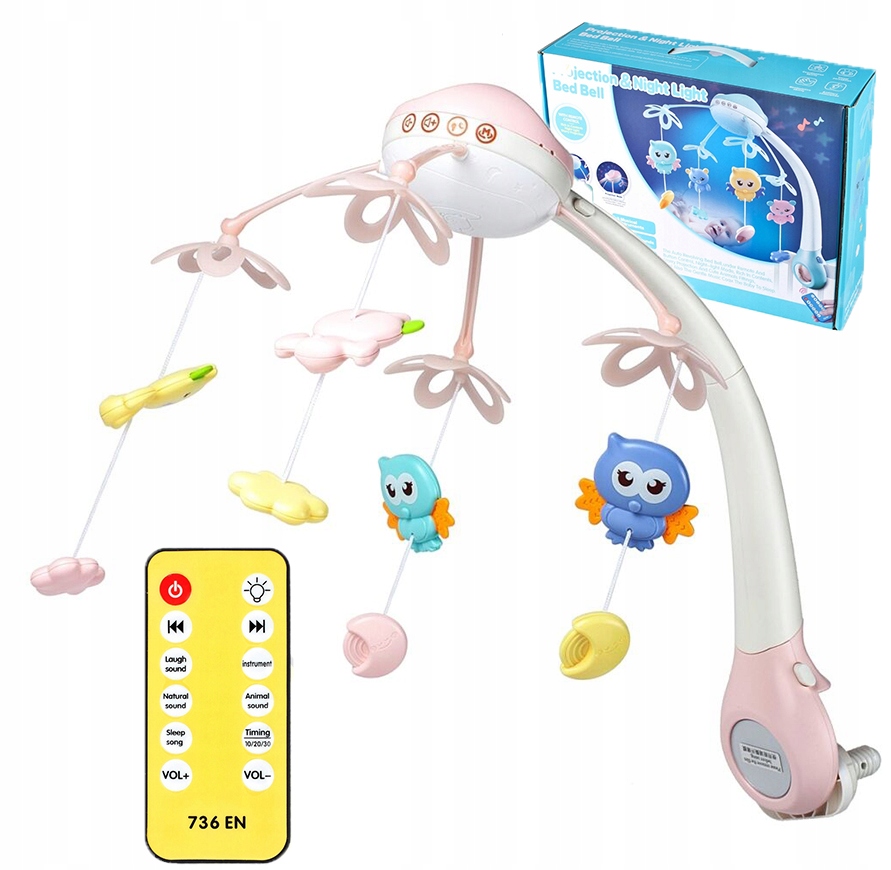 Karuzela do łóżeczka 500 MELODII PROJEKTOR LED TIMER Sterowanie na PILOT Efekty dźwiękowe świetlne