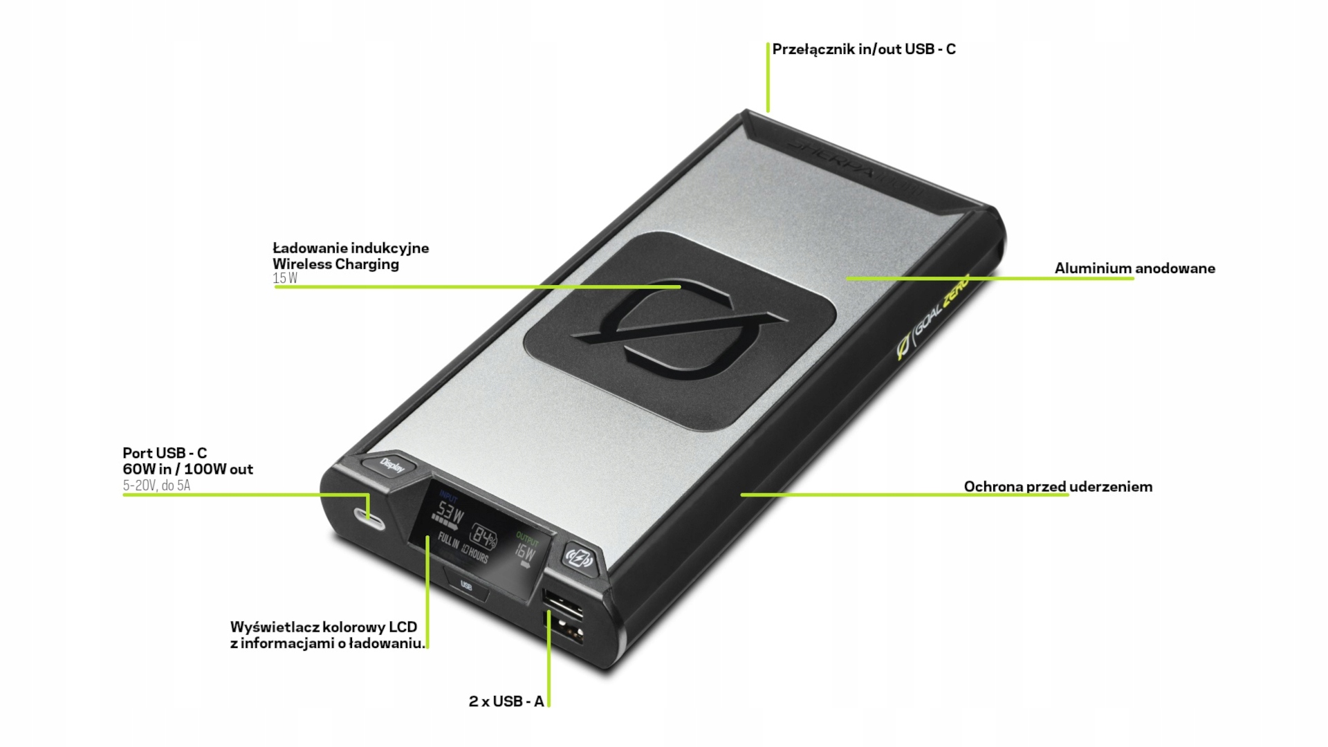 Powerbank USB-C Port Delivery 100W; USBA-A 25600mAh indukcja solar ready Moc 100 W