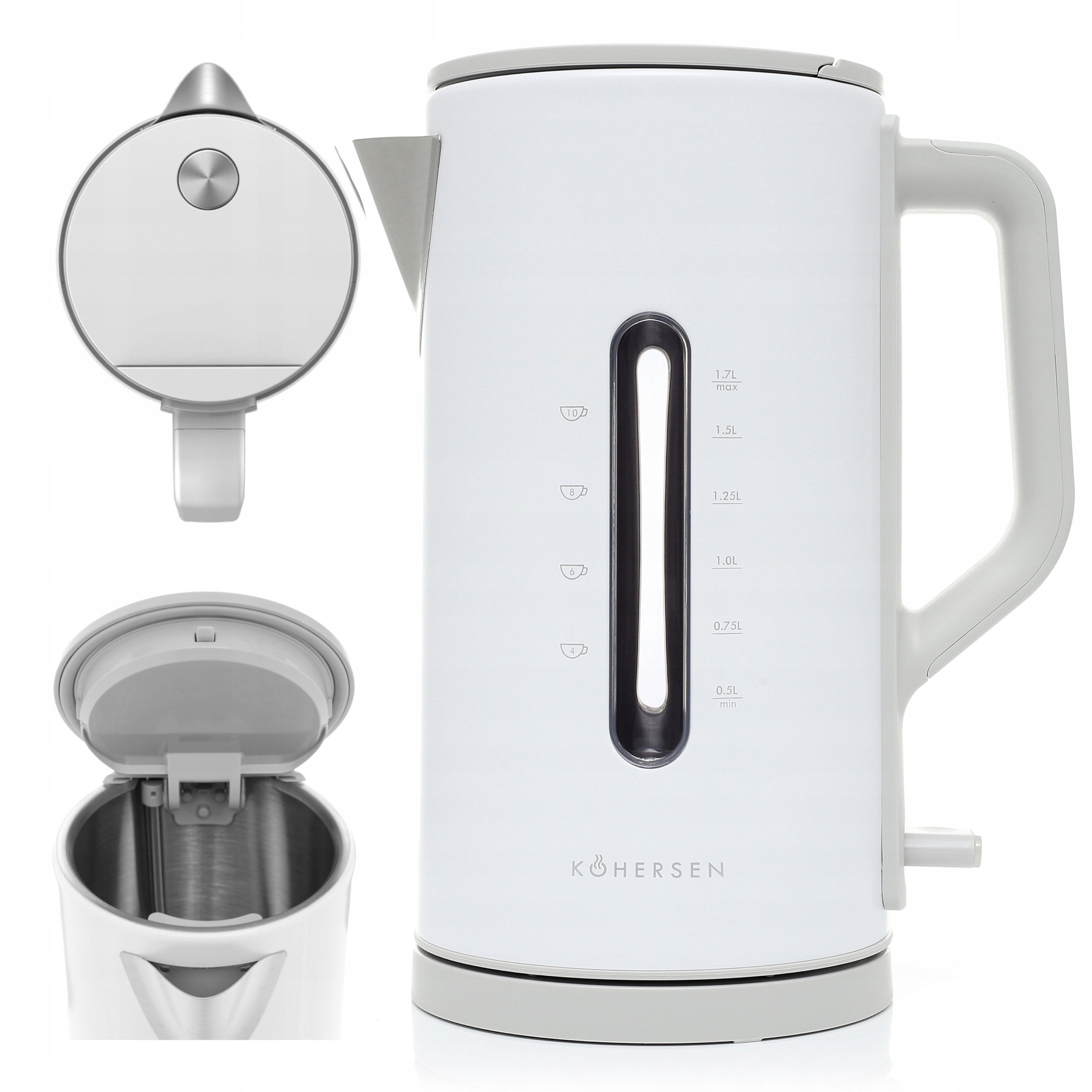 Czajnik elektryczny metalowy stalowy biały bezprzewodowy Kohersen 3000W 1,7