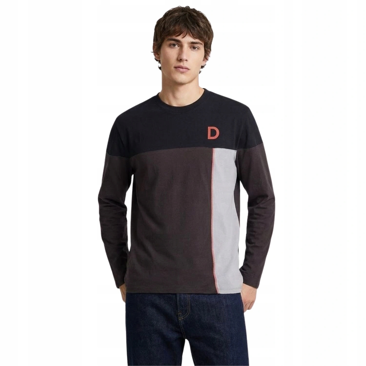 Tričko pánské Desigual bavlněné s dlouhým rukávem, černo-hnědé, vel. S