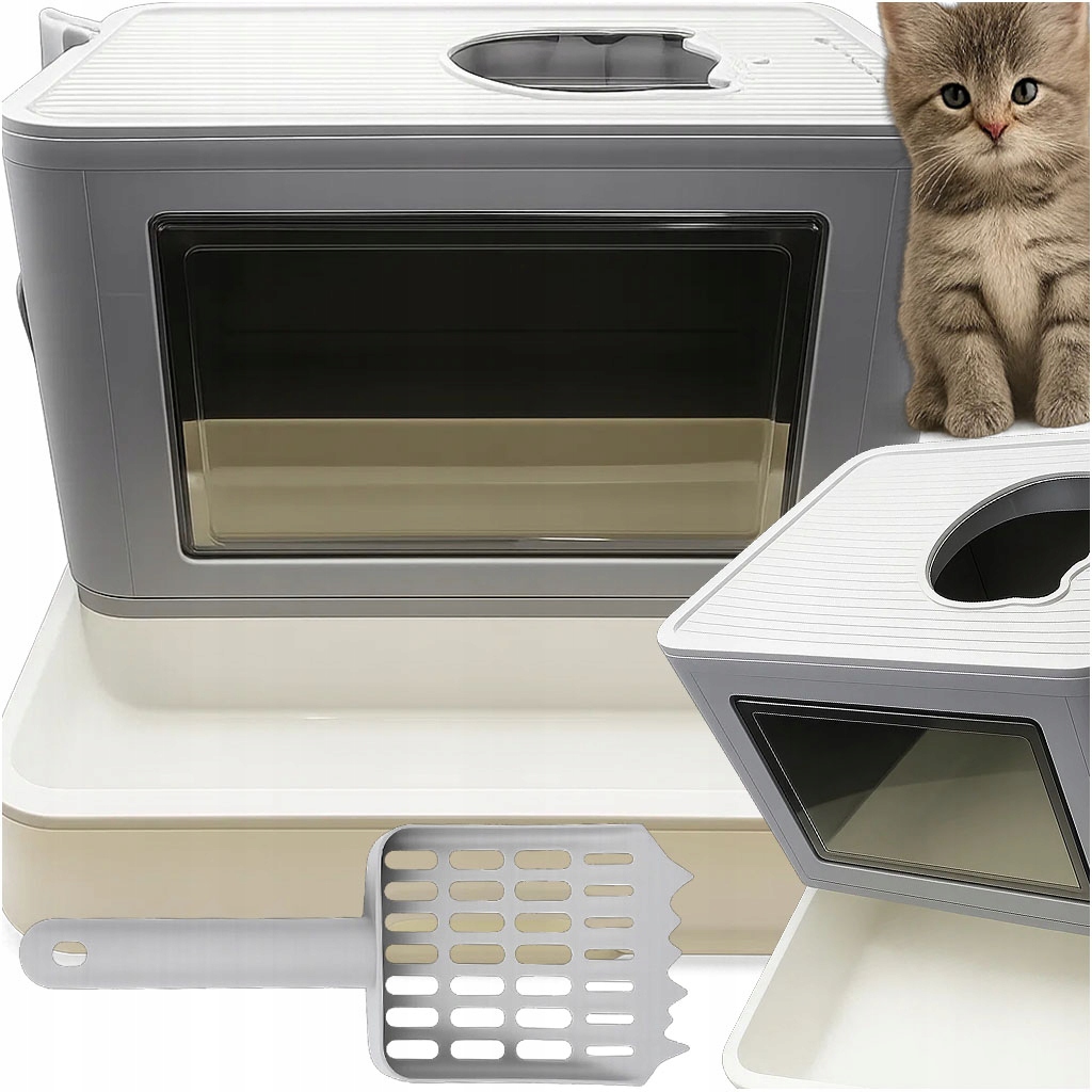 Velká Toaleta Pro Kočky Horizontální Skládací S Zásuvkou Šedá Lopatka Škrabadlo