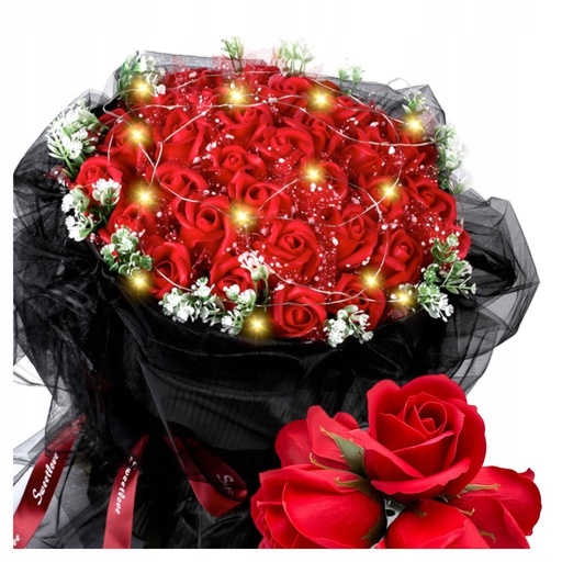 Bukiet z 33 róż mydlanych z ozdobnym tiulem ślub urodziny z led