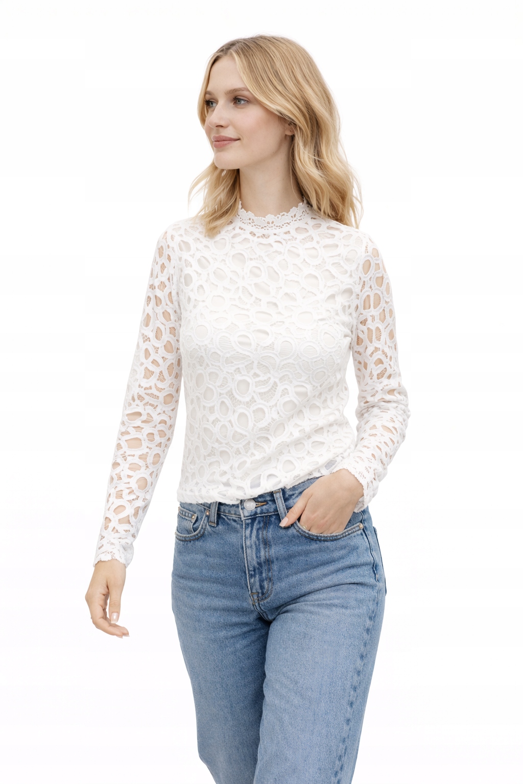 Bílá Ažurová Halenka S Stojáčkem A Dlouhým Rukávem S/m 1I3A
