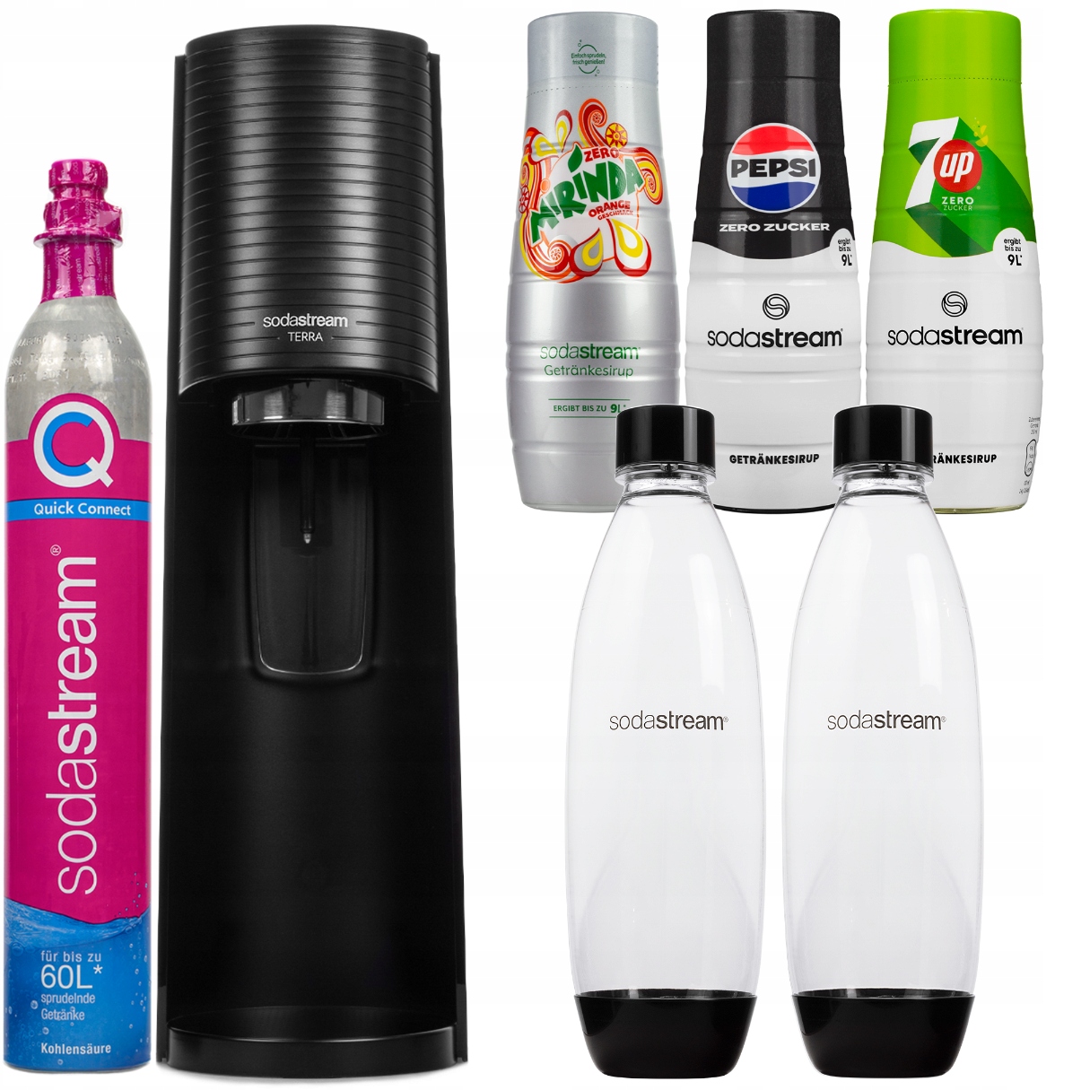 Výrobník Sody Sodastream Terra Černý 2 Lahve 3 Sirupy Pepsi Mirinda 7UP