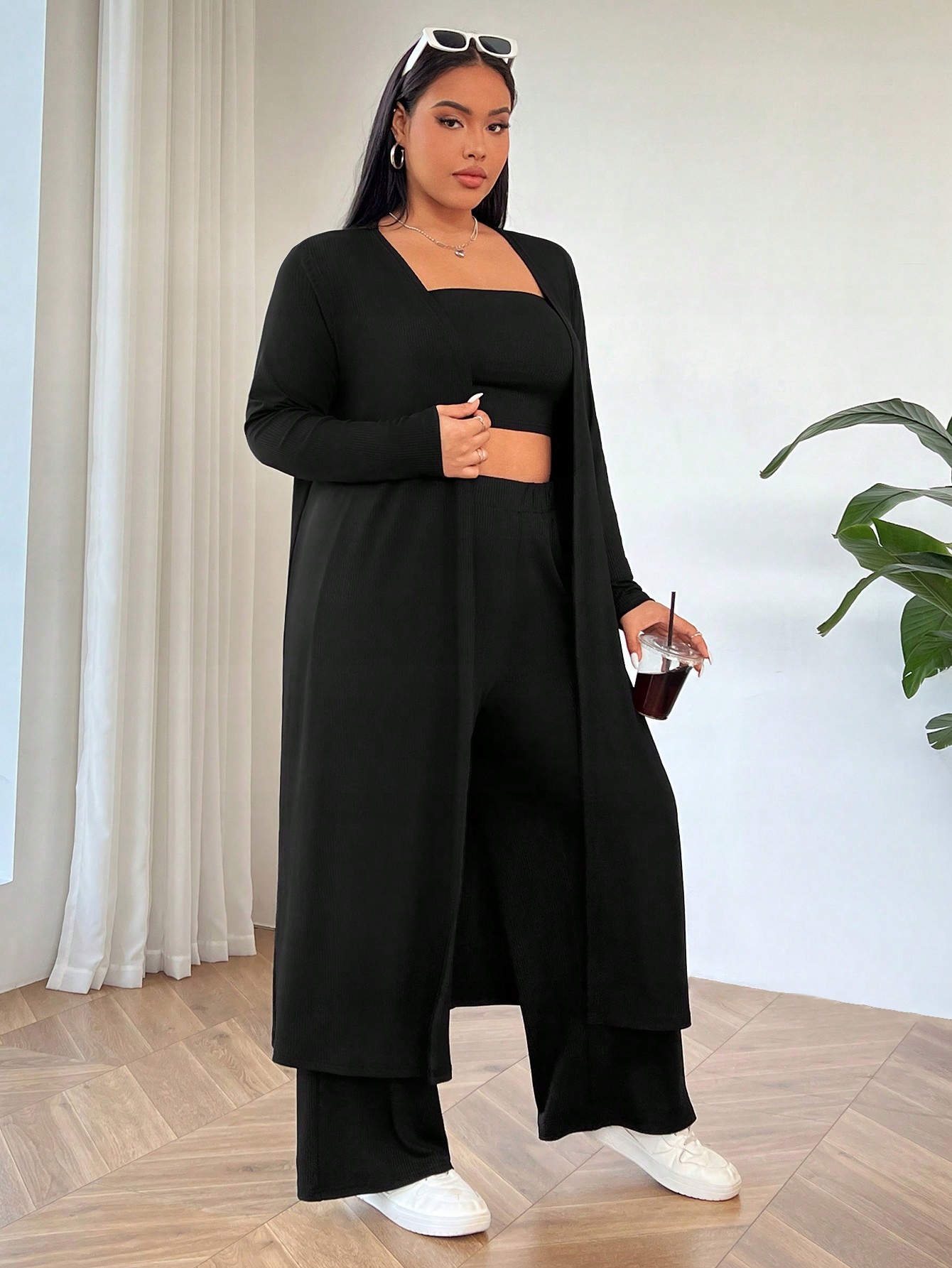 Třídílný Žebrovaný Set Černý Casual Shein XL 42