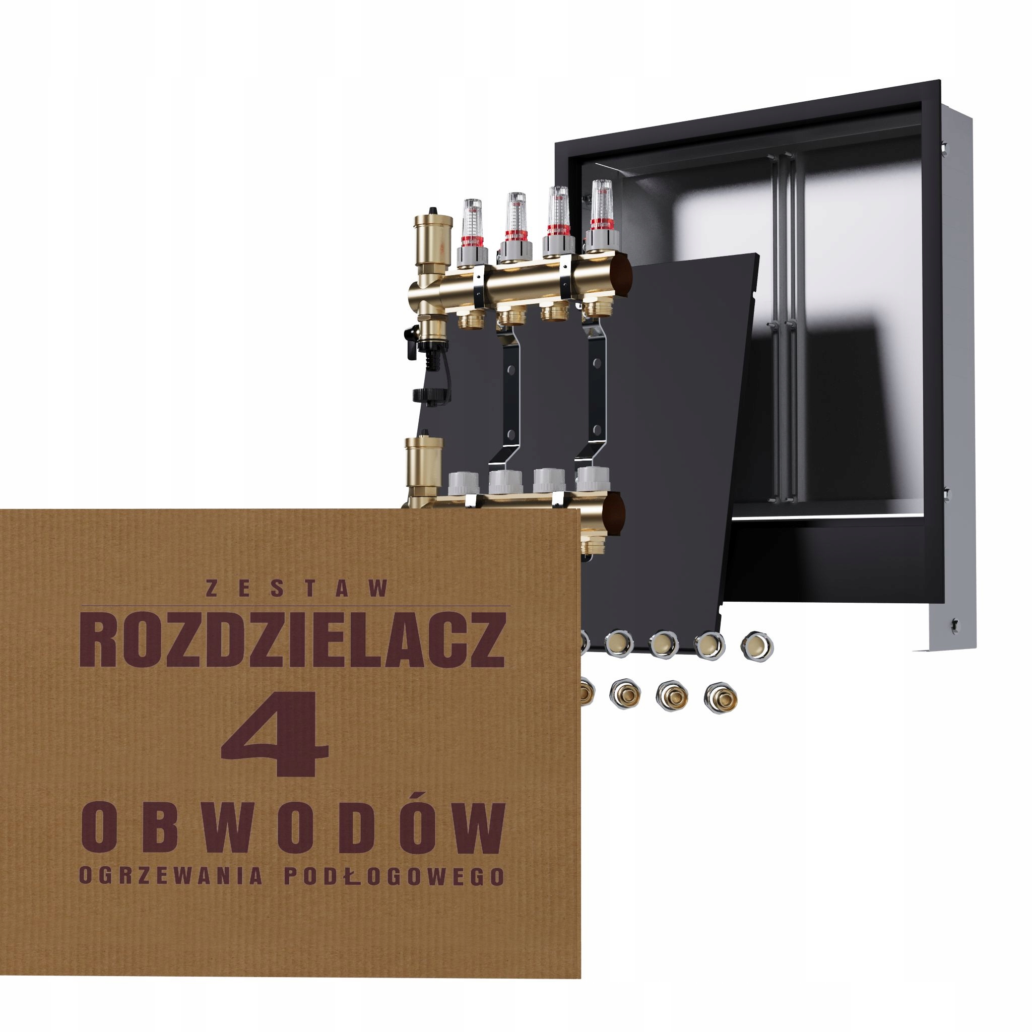 Mosazný rozdělovač pro podlahu se 4 okruhy černá skříňka Pex