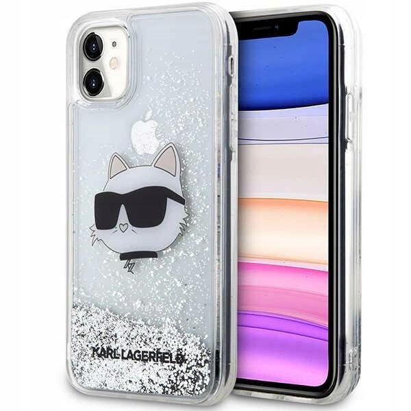 Pouzdro Karl Lagerfeld Glitter Choupette Head pro iPhone 11 Xr stříbrné