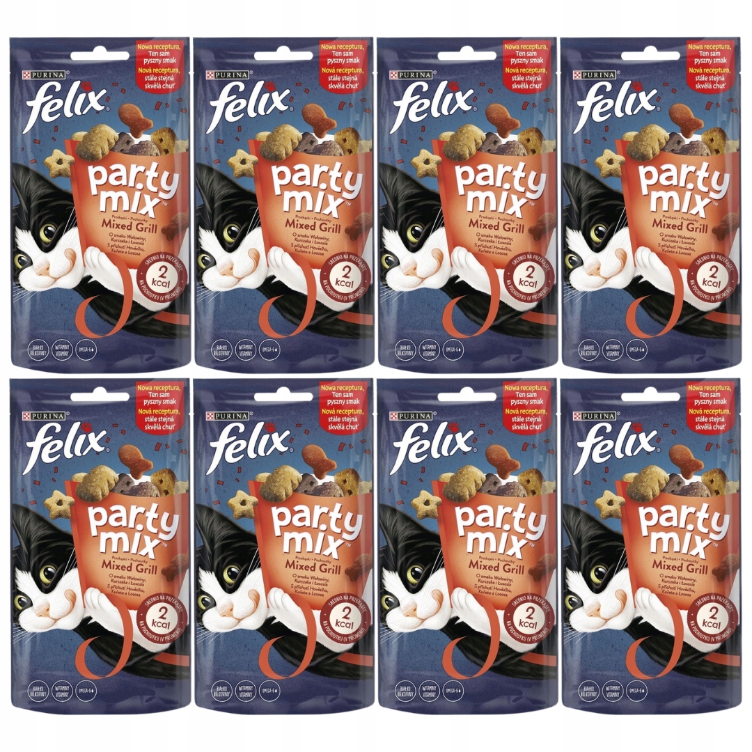 Levně Felix Party Mix Mixed Grill s příchutí kuřecího a lososového masa 60 g x 8 ks