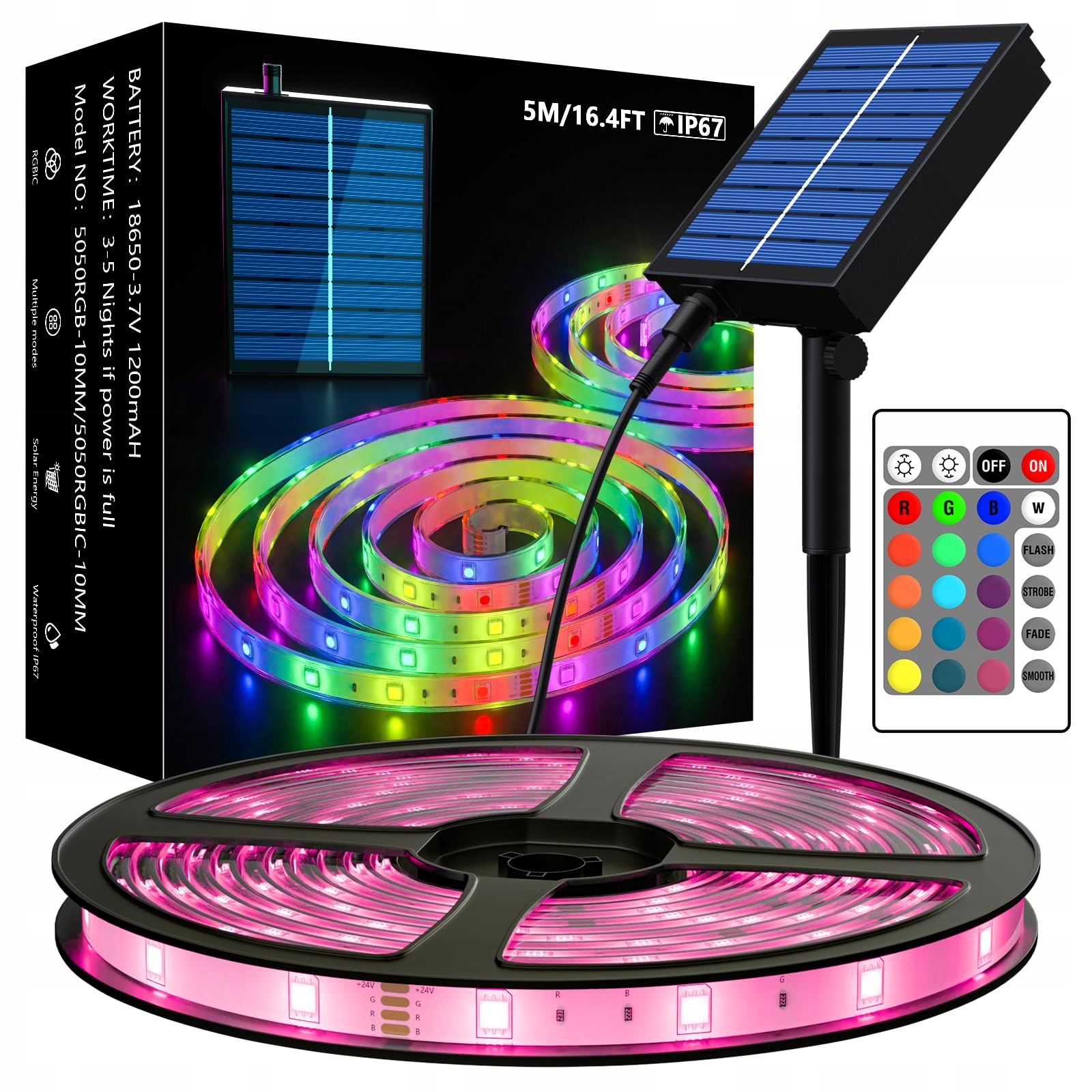 MIWATT Solarny LED Pasek 5M RGB Wodoodporny IP67 Na Zewnątrz