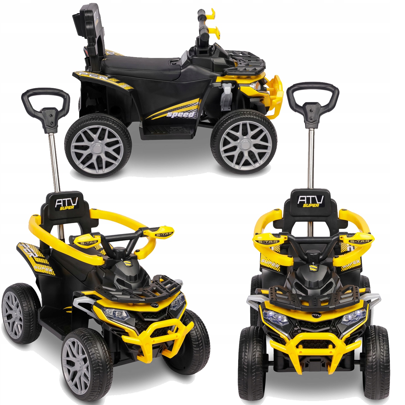 Toyz Movix Jeździk z rączką, pojazd quad 4-koła, pchacz, barierka -yellow