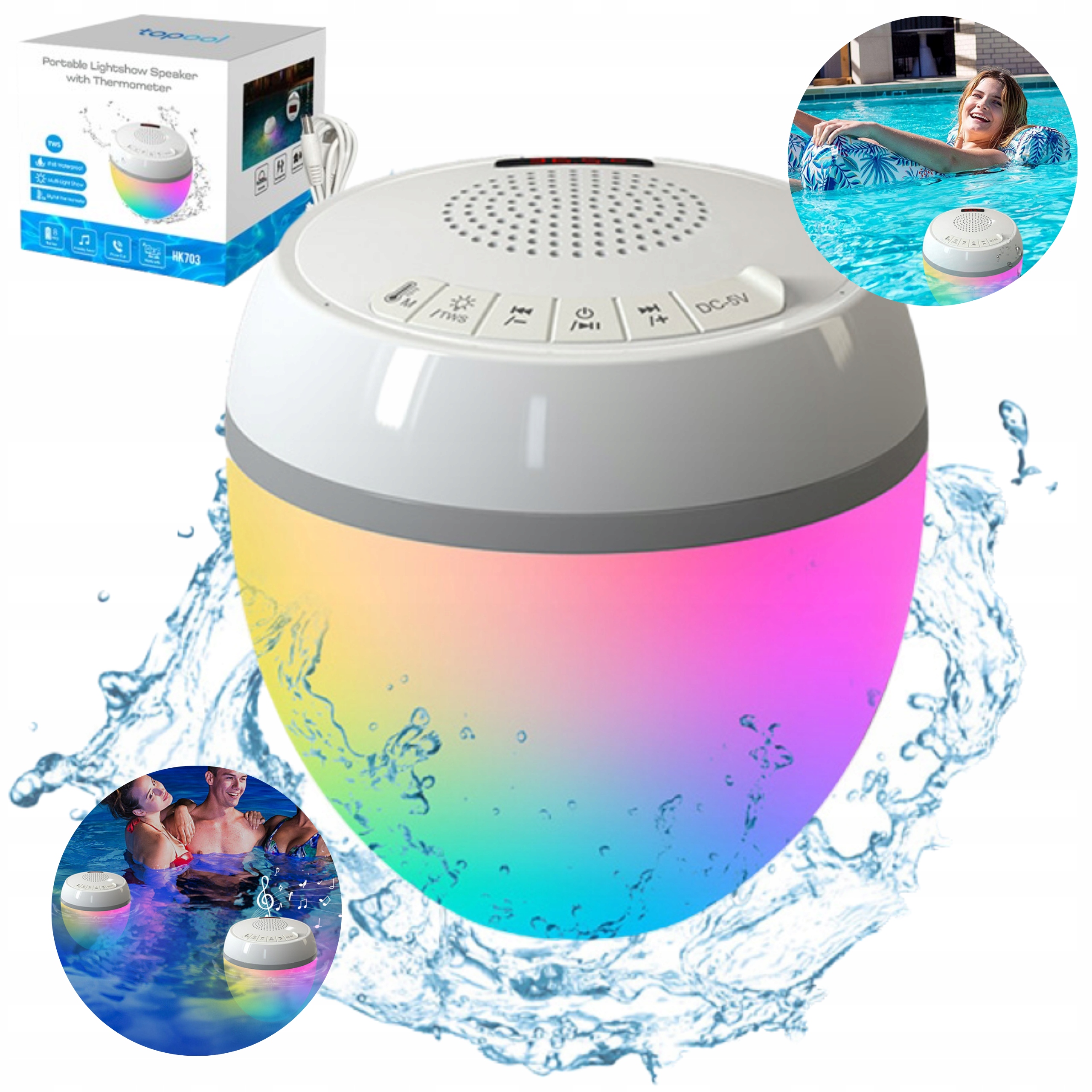 Wodoodporny Głośnik basenowy Bluetooth IP68, Led Termometr Audio Stereo