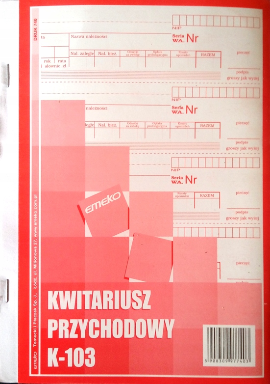 

Kwitariusz przychodowy K-103 A5 60k Emeko 740