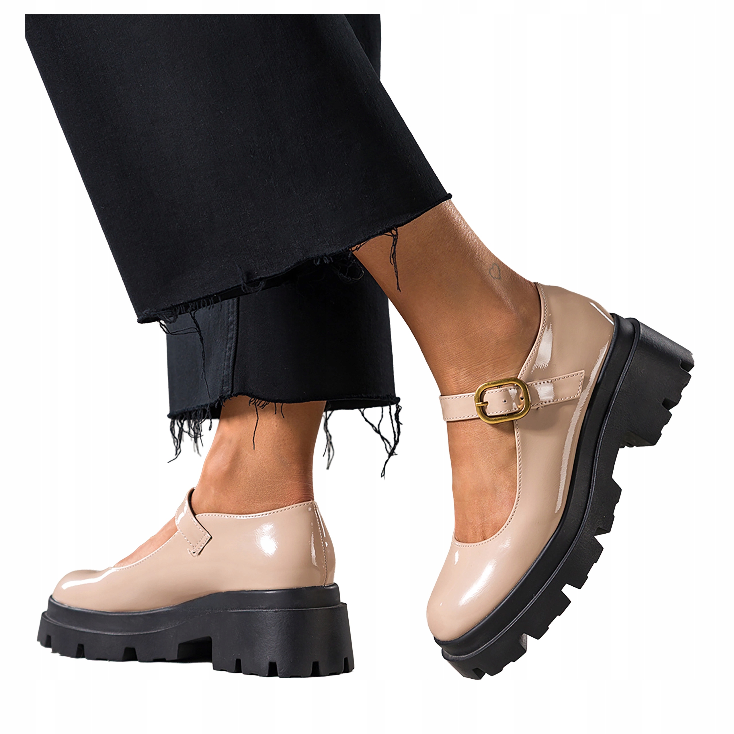 Béžové dámské lakované Polobotky Mary Jane s páskem na platformě, velikost 37