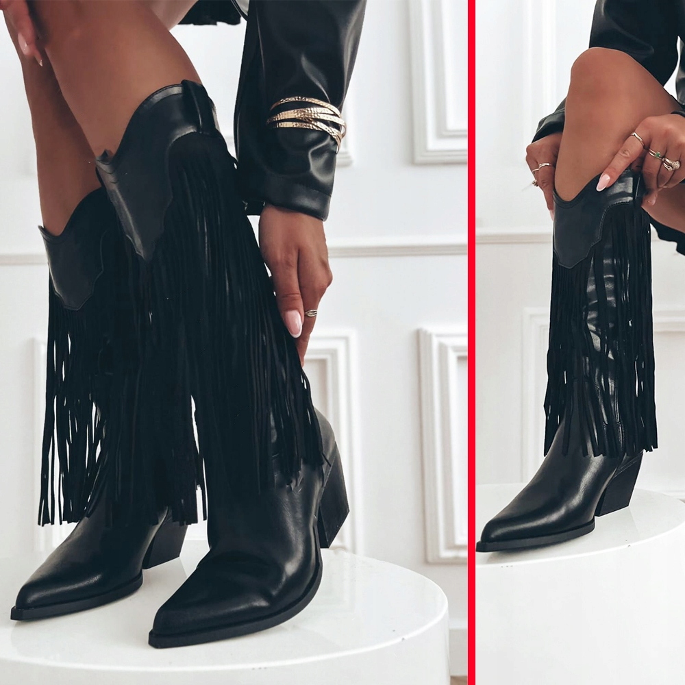 Dámské kožené kozačky černé barvy na podpatku S Třásněmi kovbojské boty Modne 40