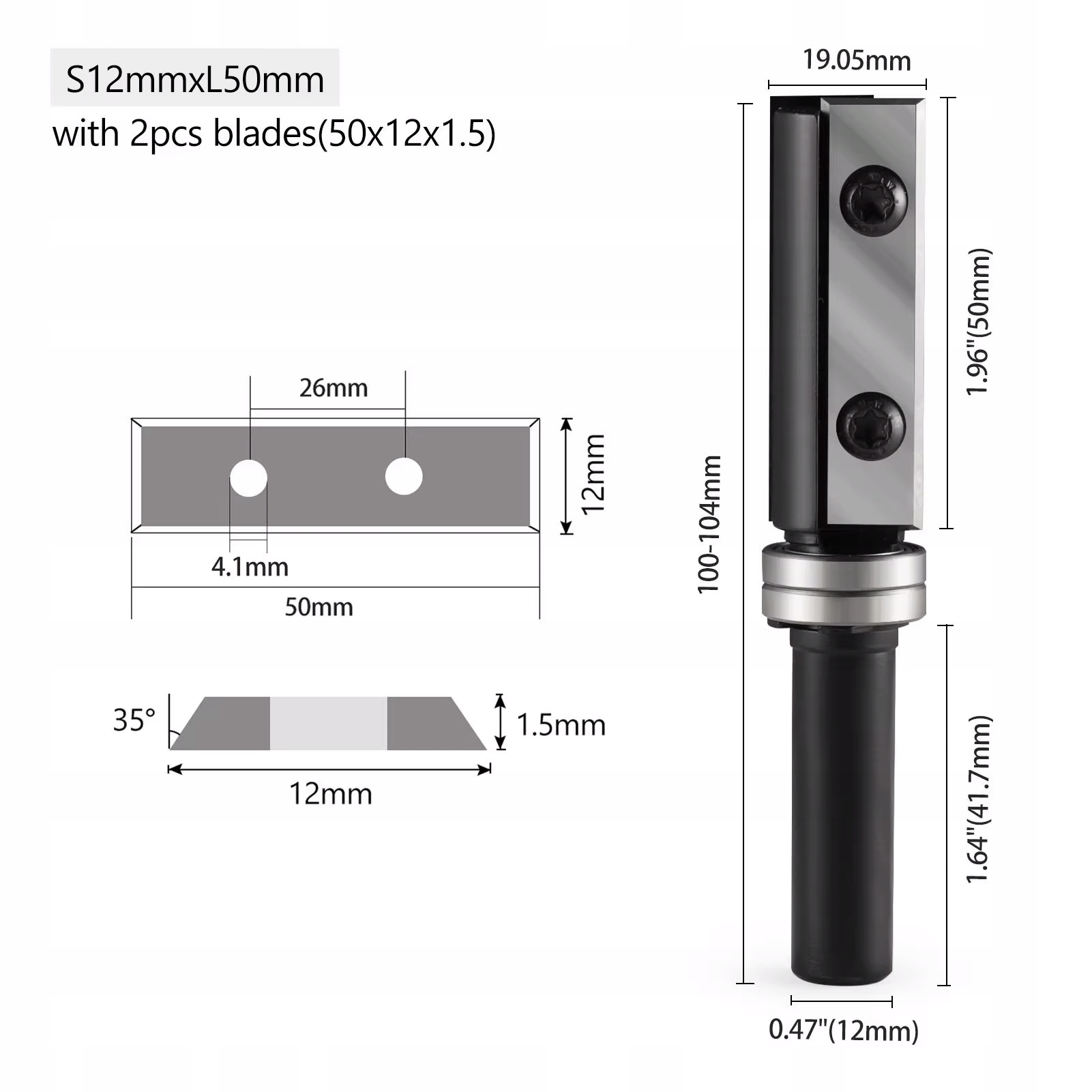 Přímá fréza na dřevo 2P stopka 12 mm fi 19,05 x 50 s ložiskem 1L