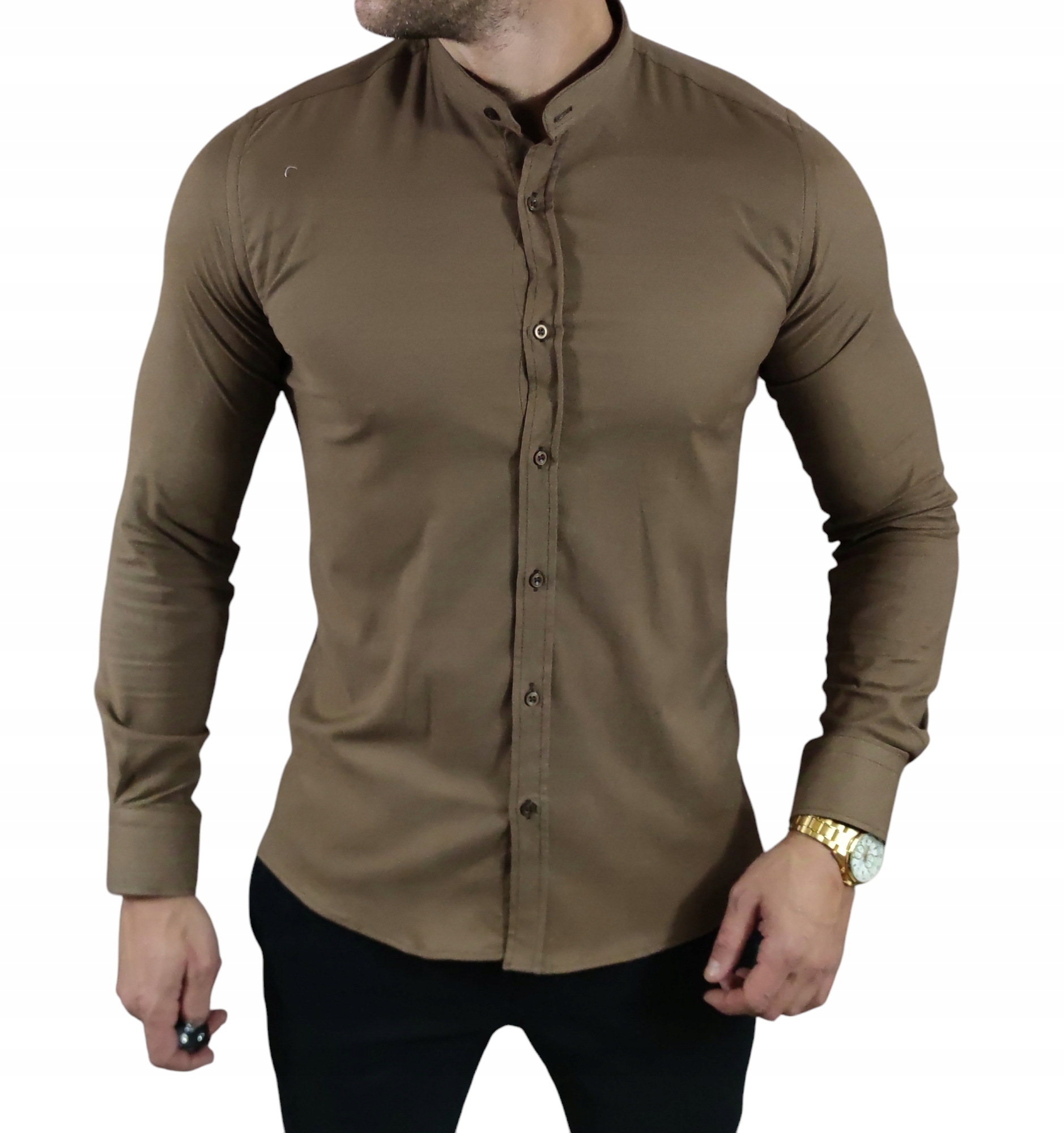 Košile slim fit se stojáčkem casual hnědá struktura EGO01 M