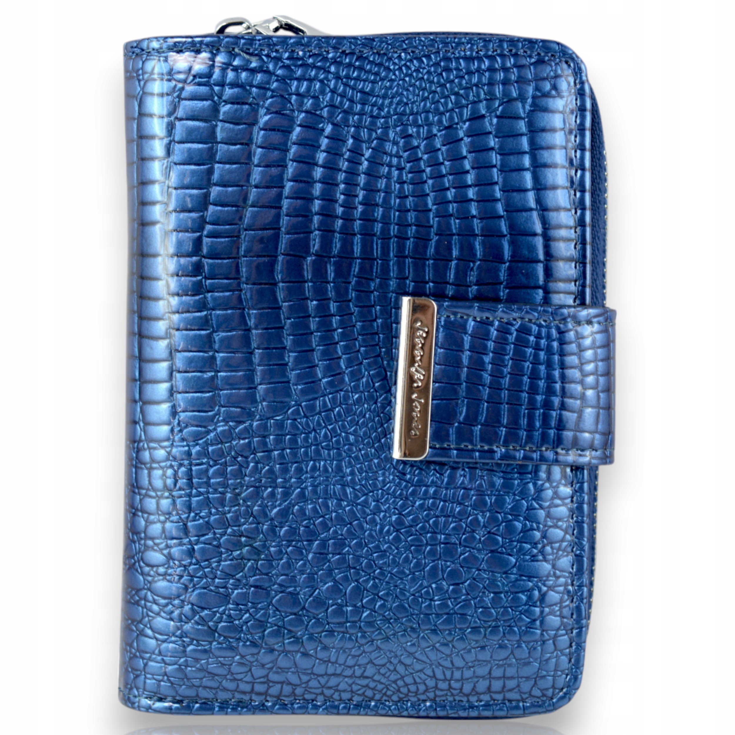 Piękny Portfel Damski Skórzany Niebieski Jennifer Jones Skóra Croco Rfid