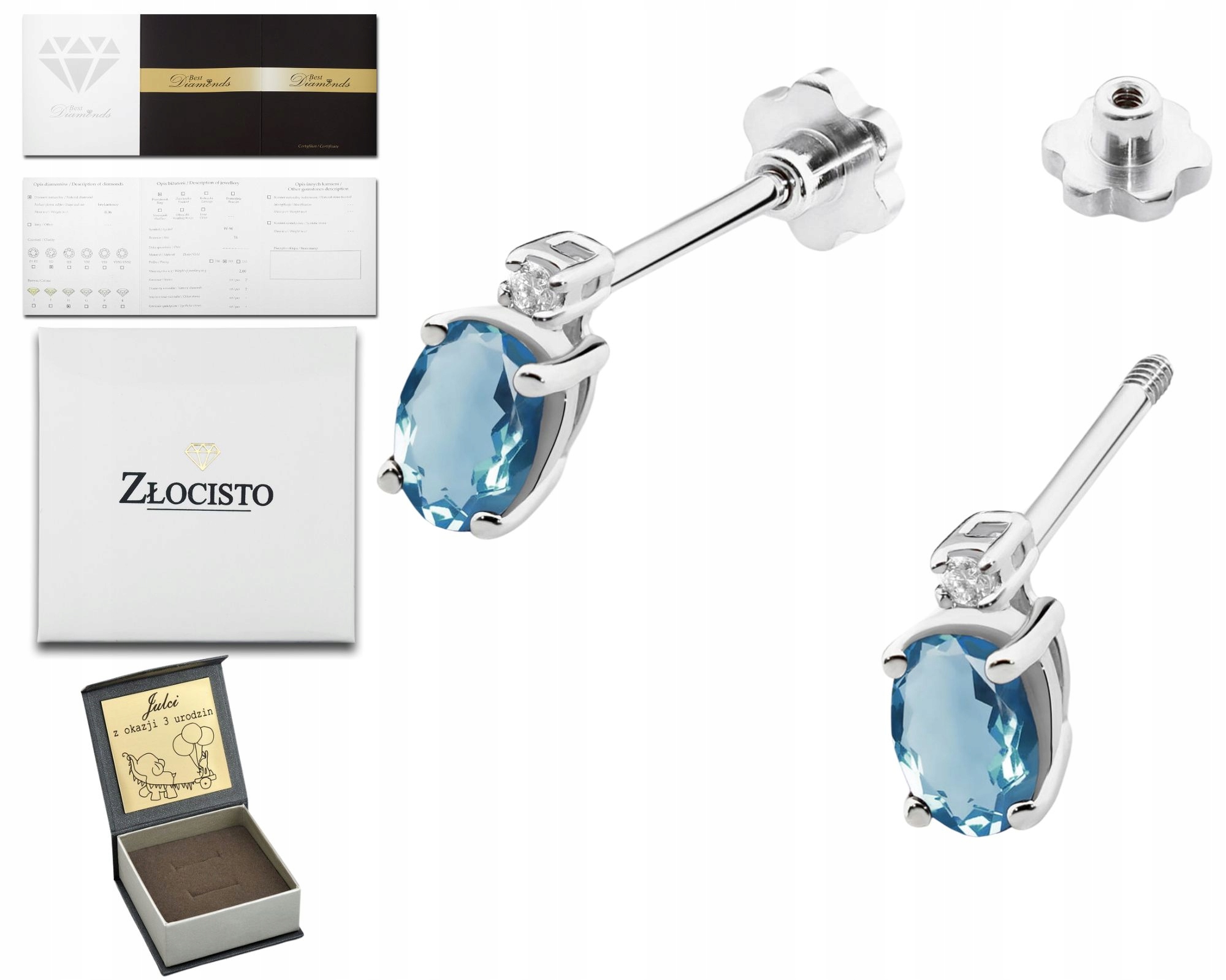 Bílé Zlato Náušnice S Topazem London Blue Brilianty Šroubovací Tyčinka