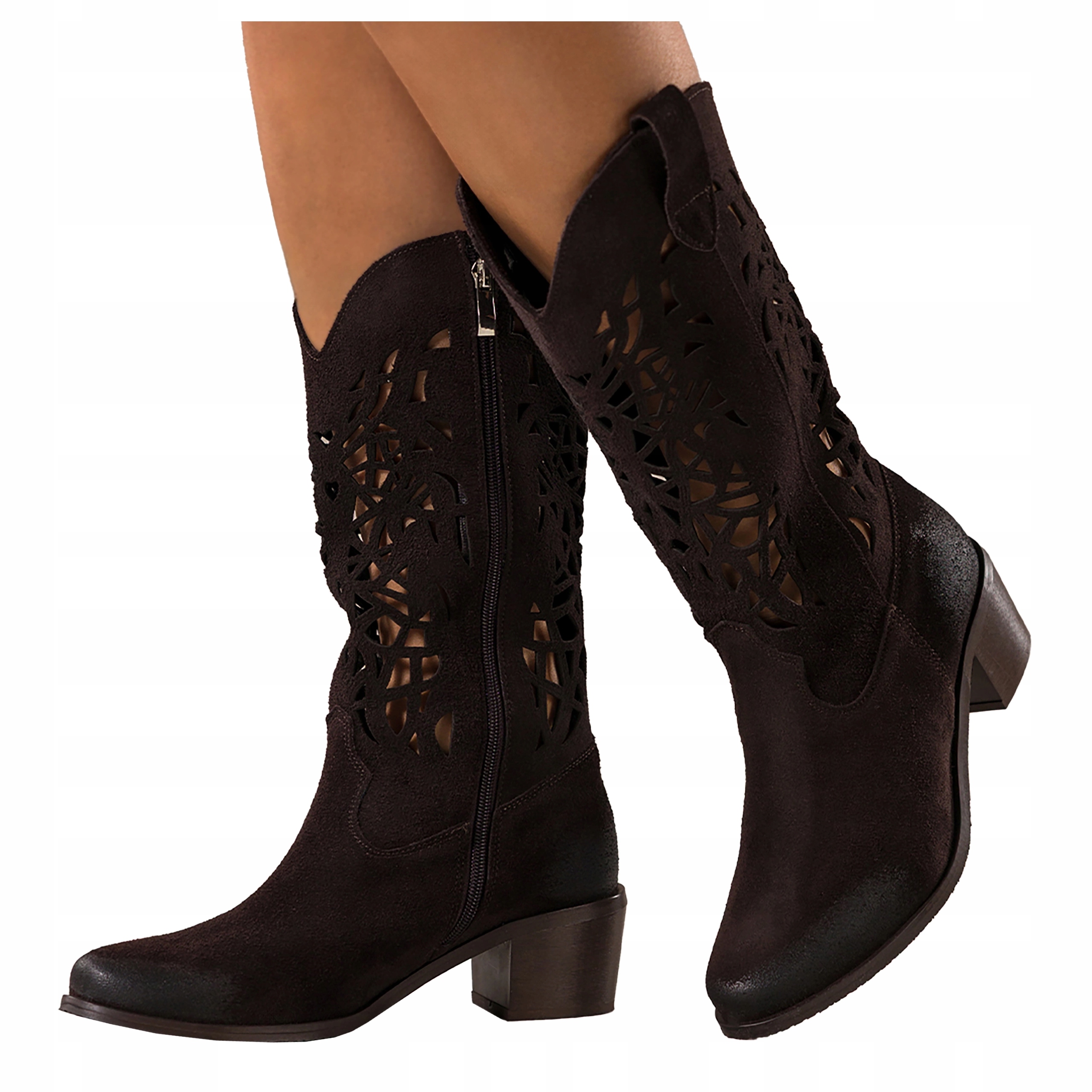 Kozačky Čokoládové Kožené Dámské Kovbojské Boty Ažurové Pohodlné Módní vel 41