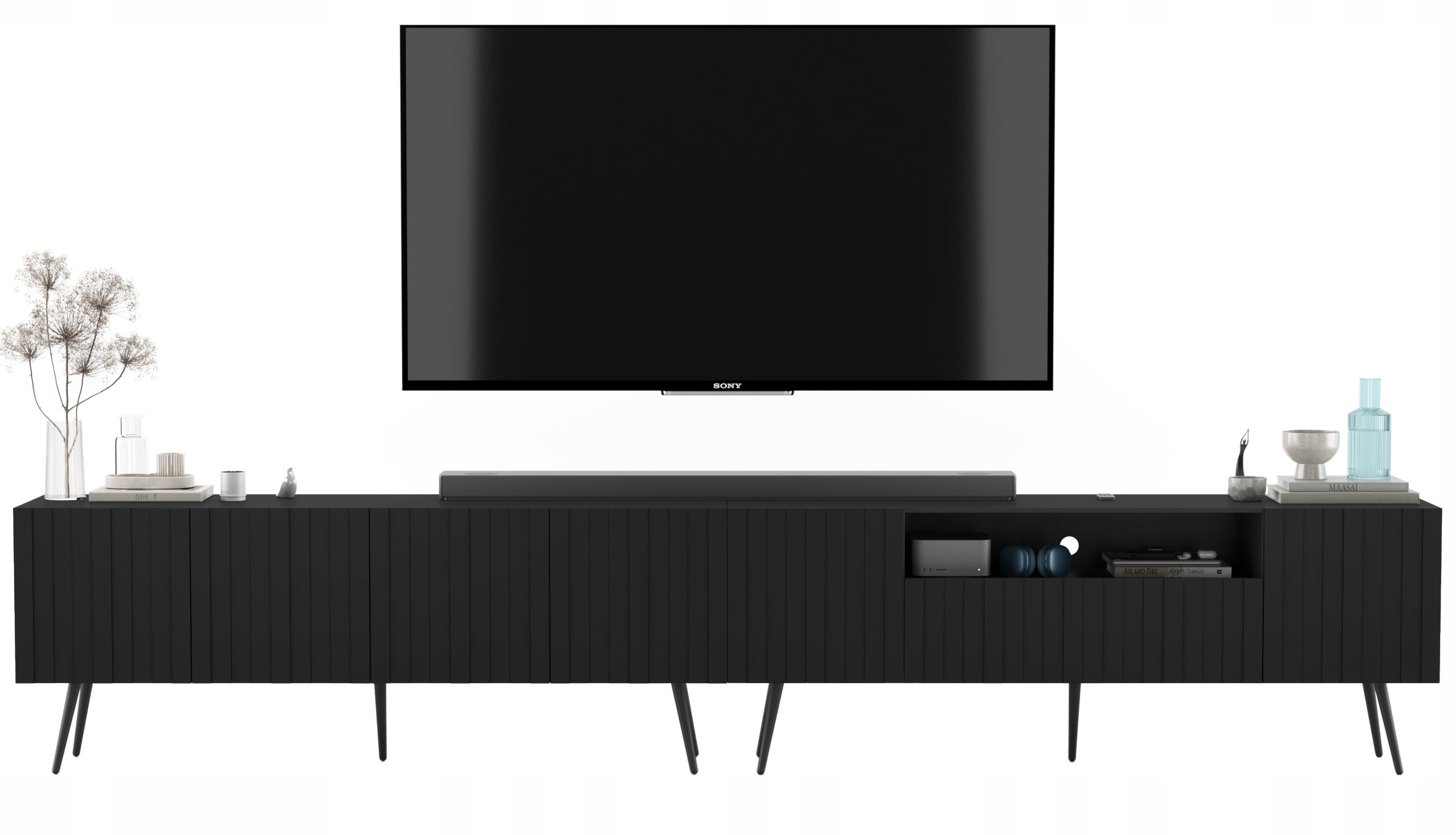 Komoda RTV Glamour Nowoczesna Szafka RTV Ryflowane Fronty Czarny Mat Nogi