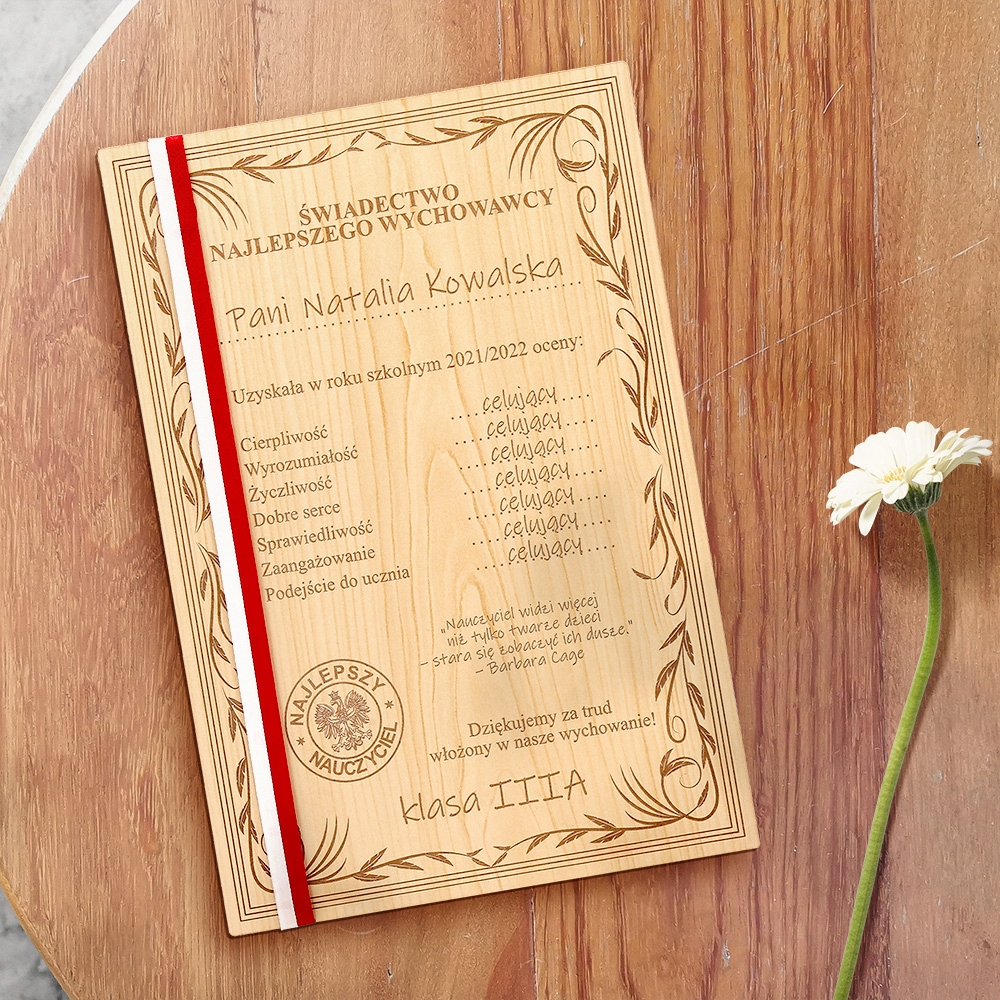 ŚWIADECTWO prezent NAUCZYCIELA podziękowanie ROKU Marka F&F
