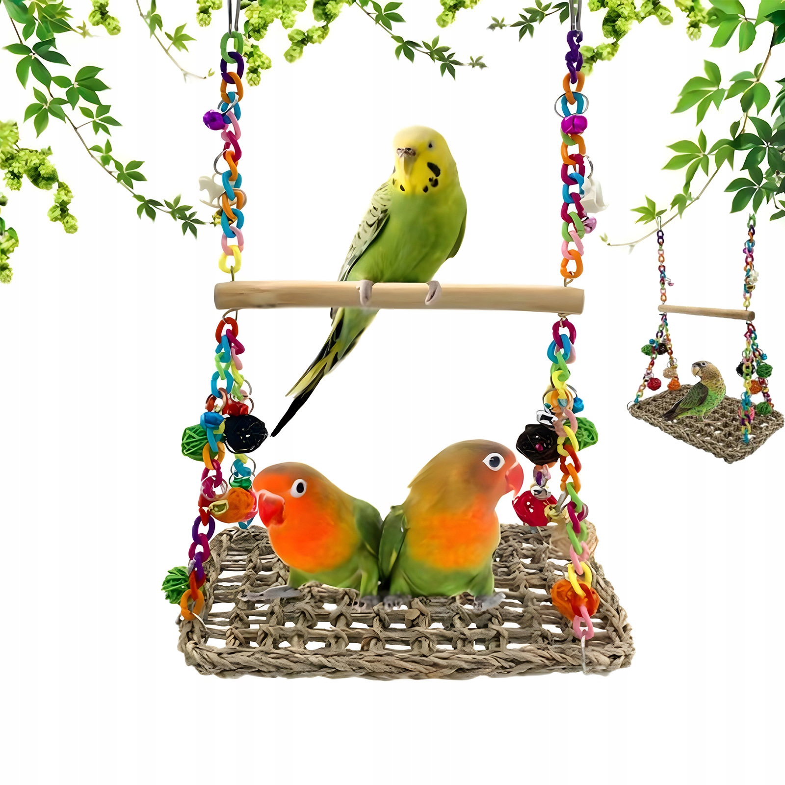 Levně Hračky pro papoušky – houpačka se zvonky, dřevěná sada, lezecí síť