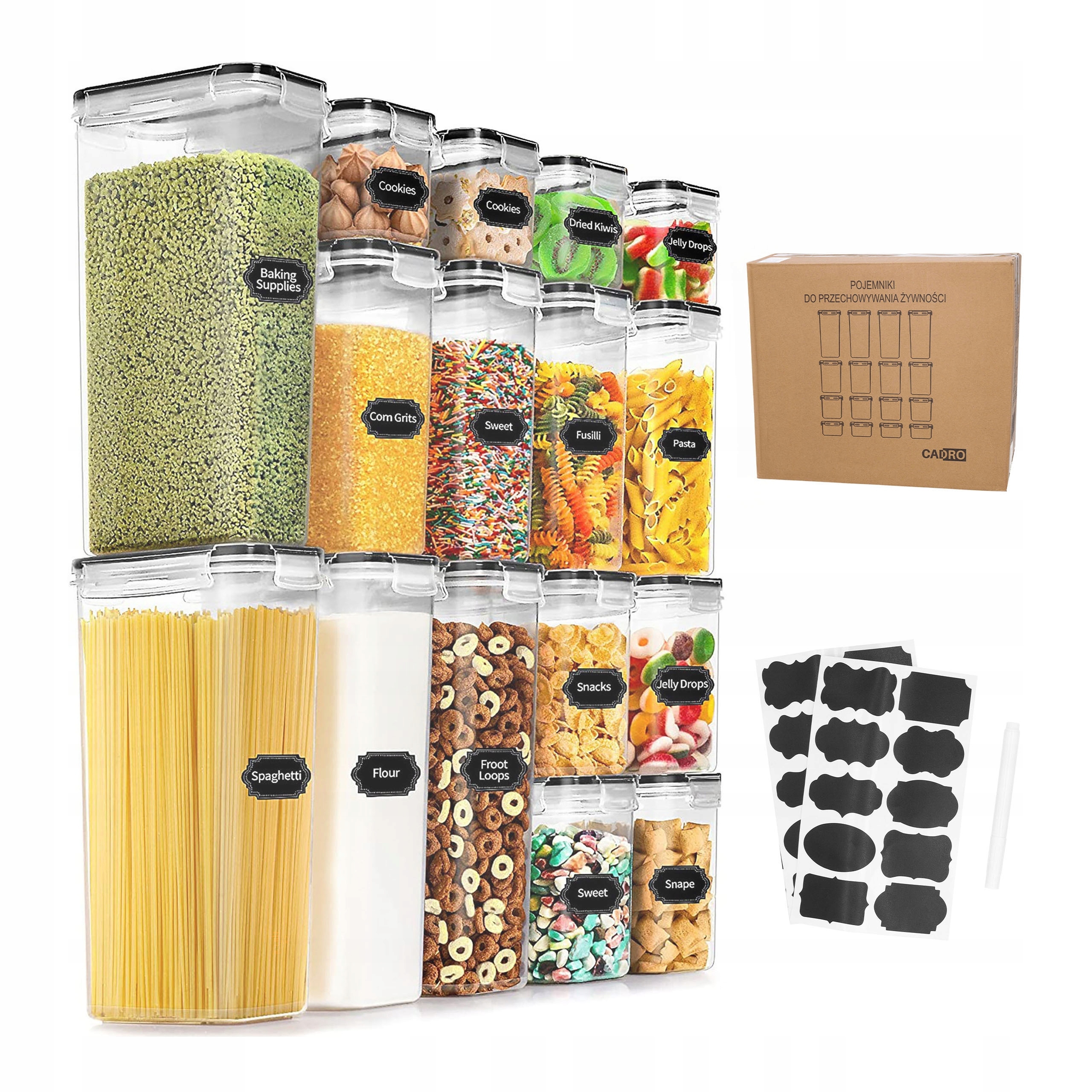 Pojemniki kuchenne na żywność produkty sypkie zestaw 16 szt. naklejki