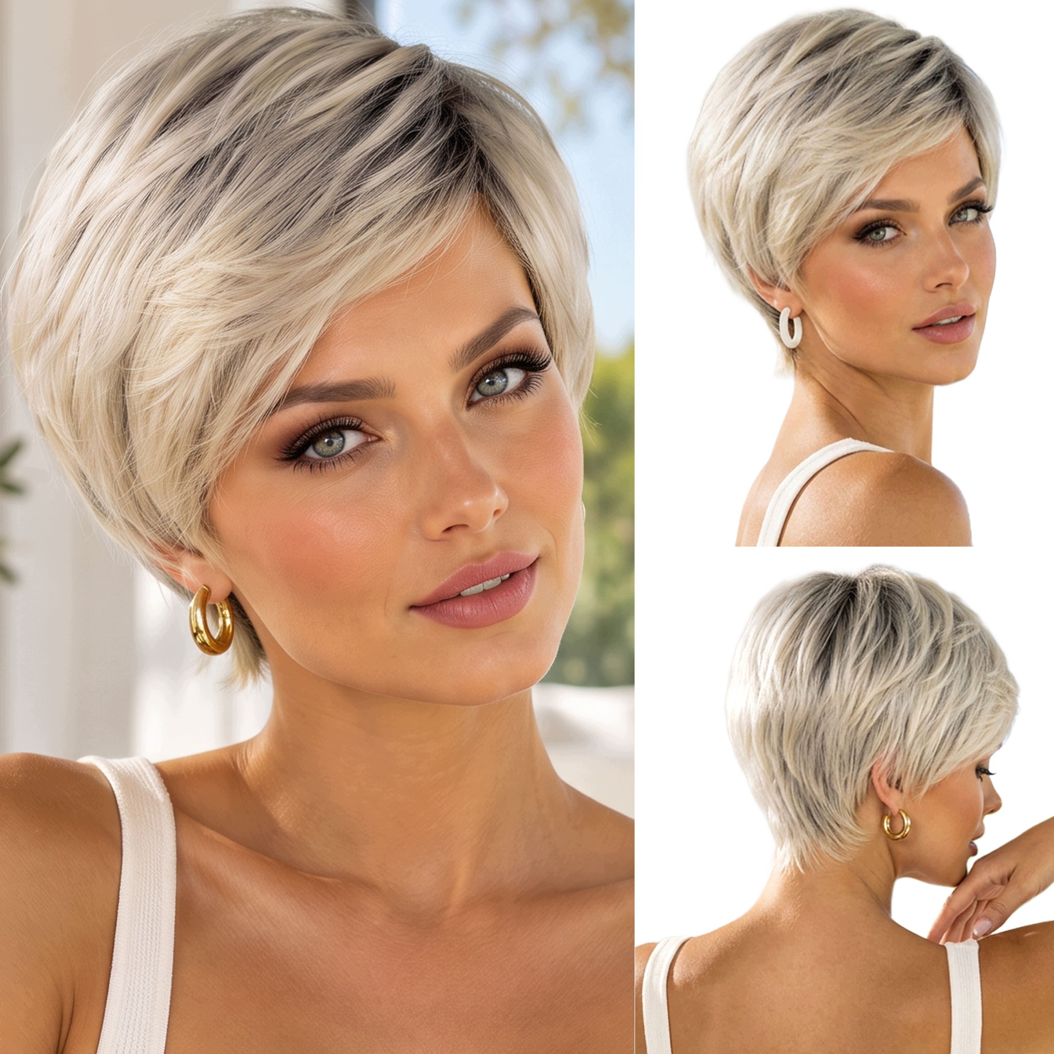 Peruka syntetyczna Pixie Cut bardzo lekka krótka chłodny blond z odrostem