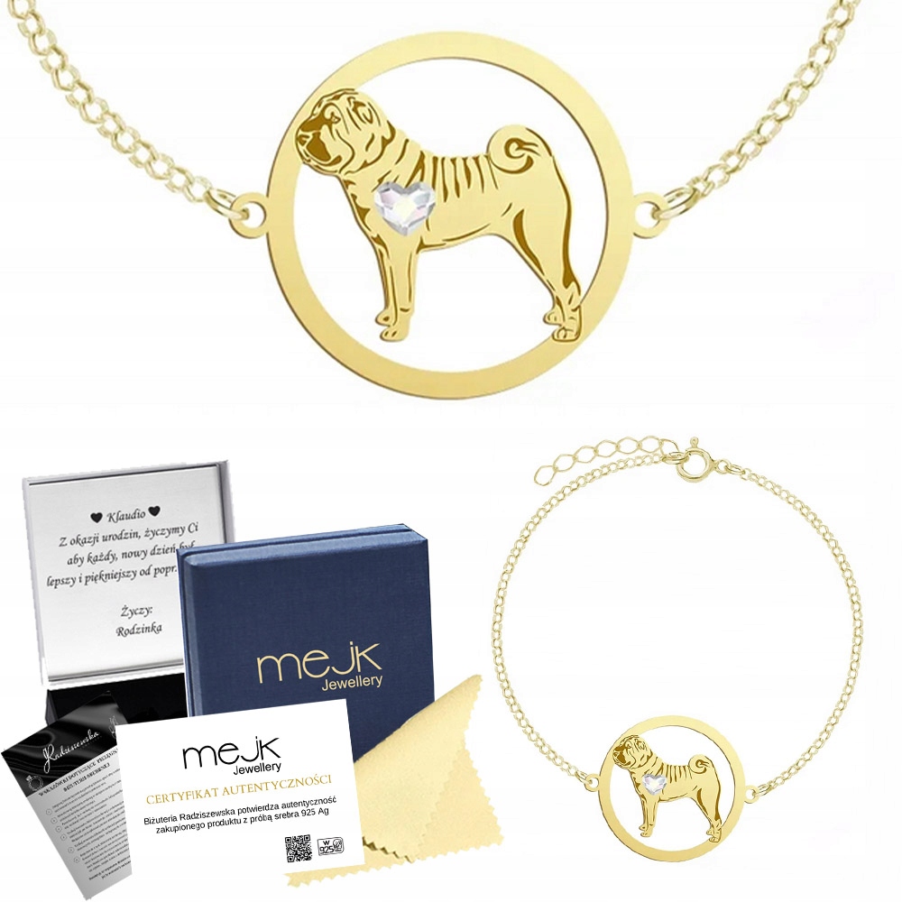 Zlatý náramek se psem Shar Pei 925 Šperky Dárek Gravírování Bonus