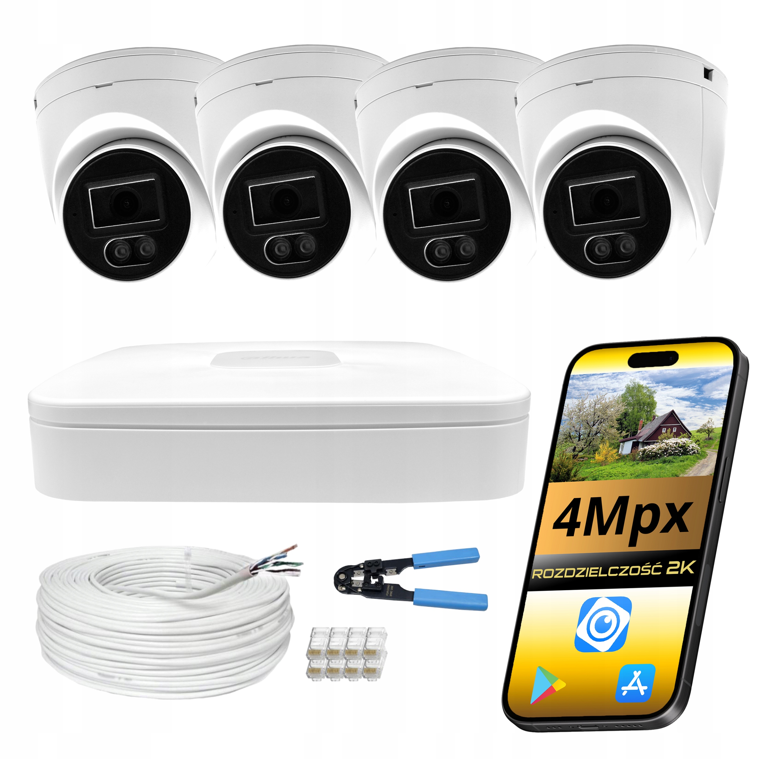 Monitorování Domu Sada 4 Kamer Ip PoE 4MPX Kopule Záznamník Dahua