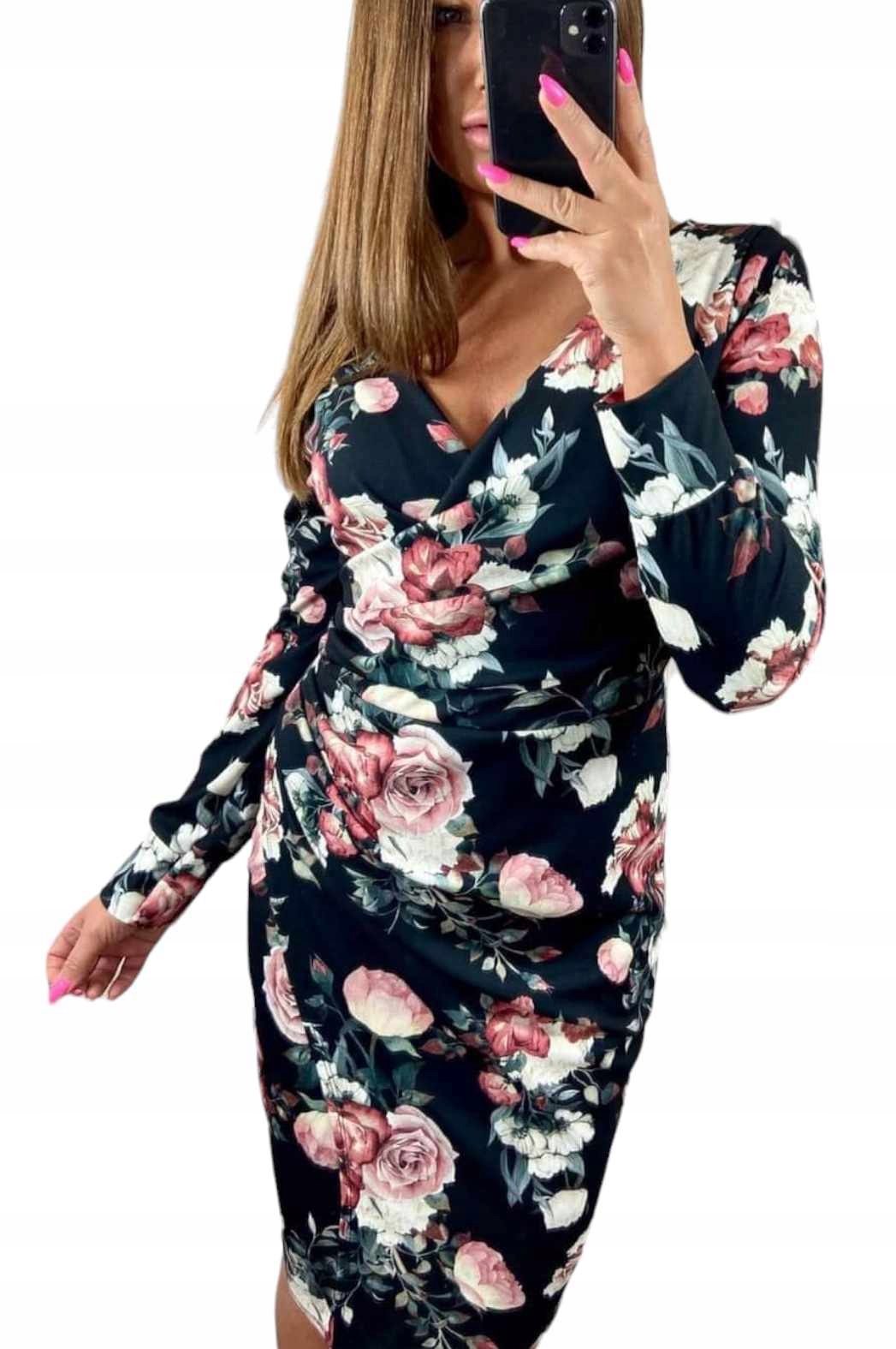 V761 Nová Kolekce Elegantní Šaty Obálková S Květinami 2 vel. 42 (XL)