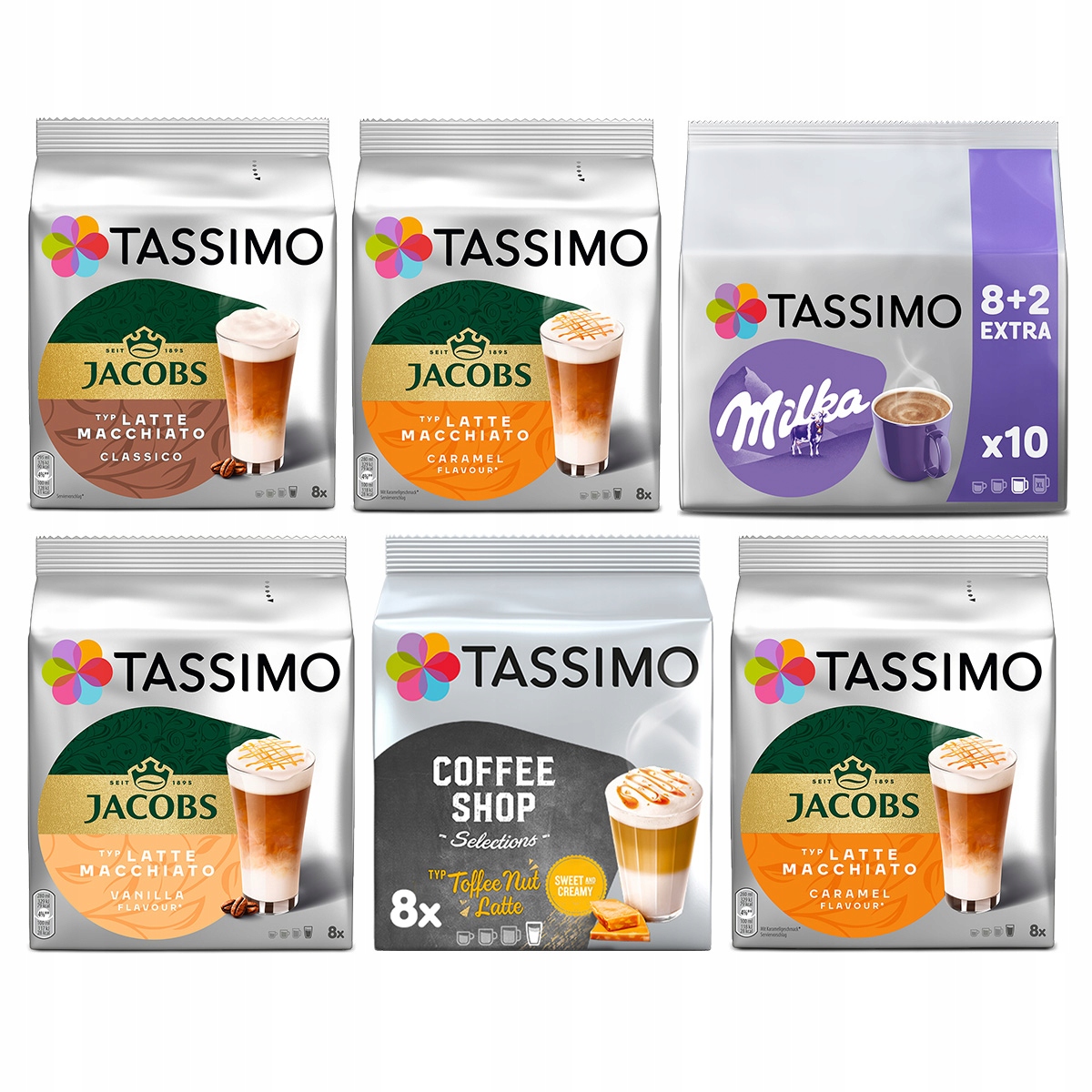 Kapsulki Tassimo zestaw kawy mleczne, czekolada do picia 5+1 Gratis!