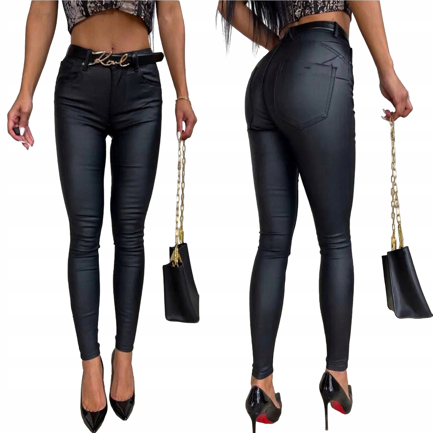 Najmodniejsze woskowane spodnie Damskie M.Sara półmat skórzane Push Up