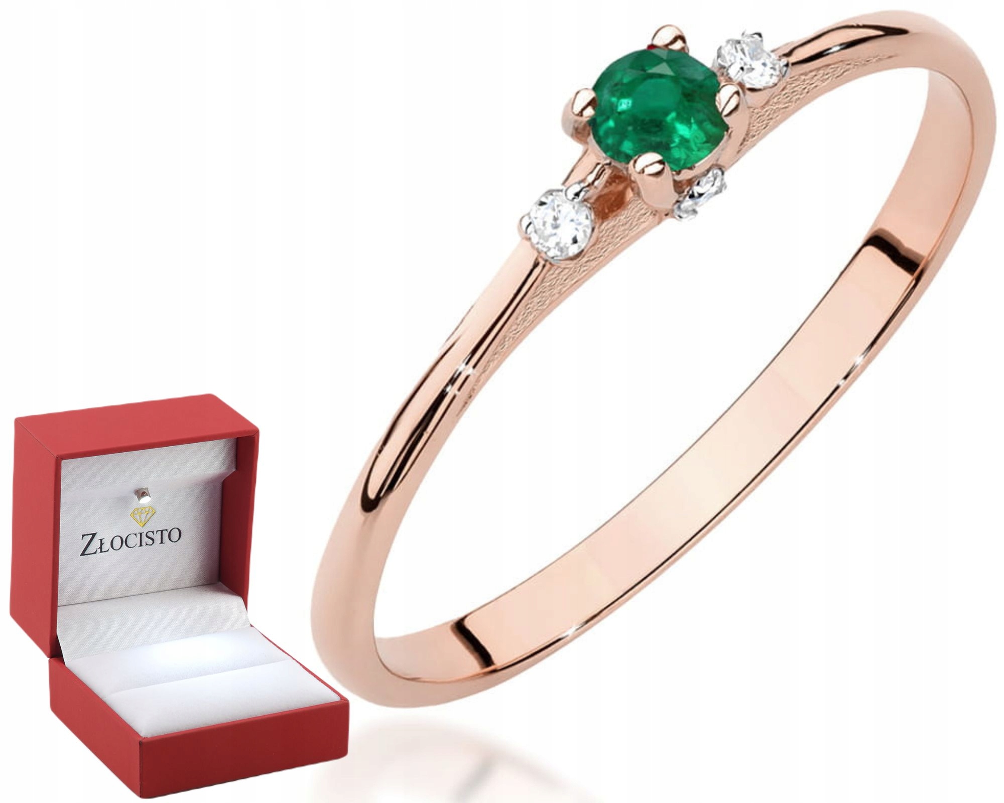 Růžové Zlato Prstýnek S Přírodním Kamenem Smaragd A Diamanty 585