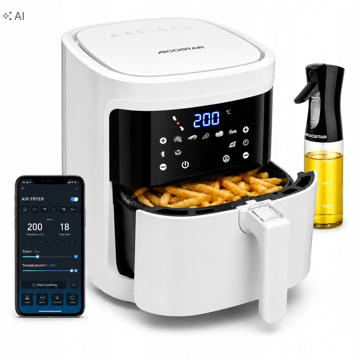 Frytkownica Beztłuszczowa 7L Air Fryer Aigostar Wifi 1900W Frytownica Biała