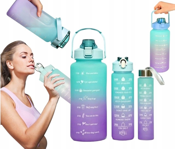 Butelki Na Wodę z Miarką Motywacyjną Bidon Na Siłownię Fitness Zestaw 3 szt