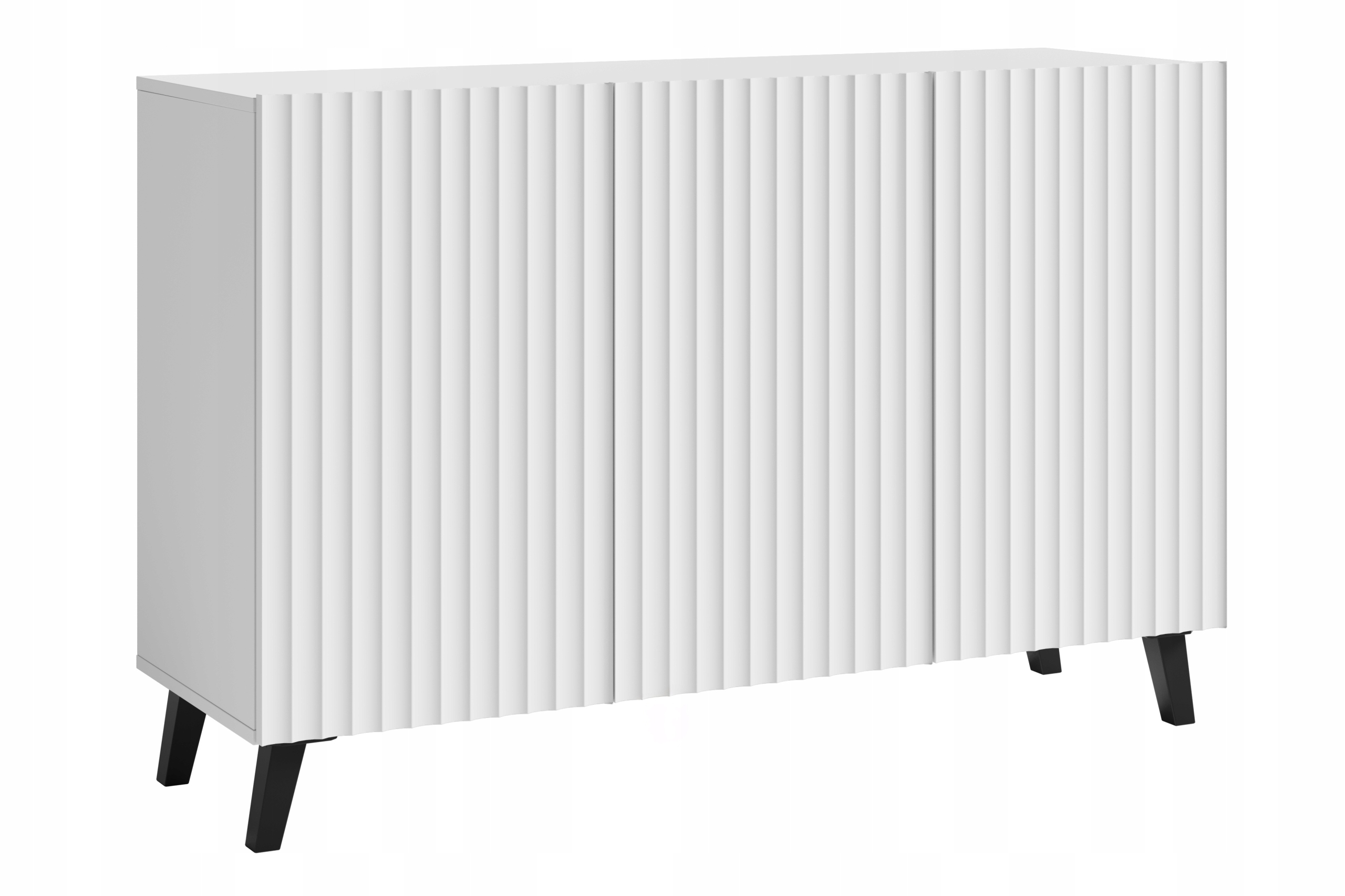 Moderní komoda 120 cm do obývacího pokoje na nohách, bílá, přední strana z Mdf, široké drážky