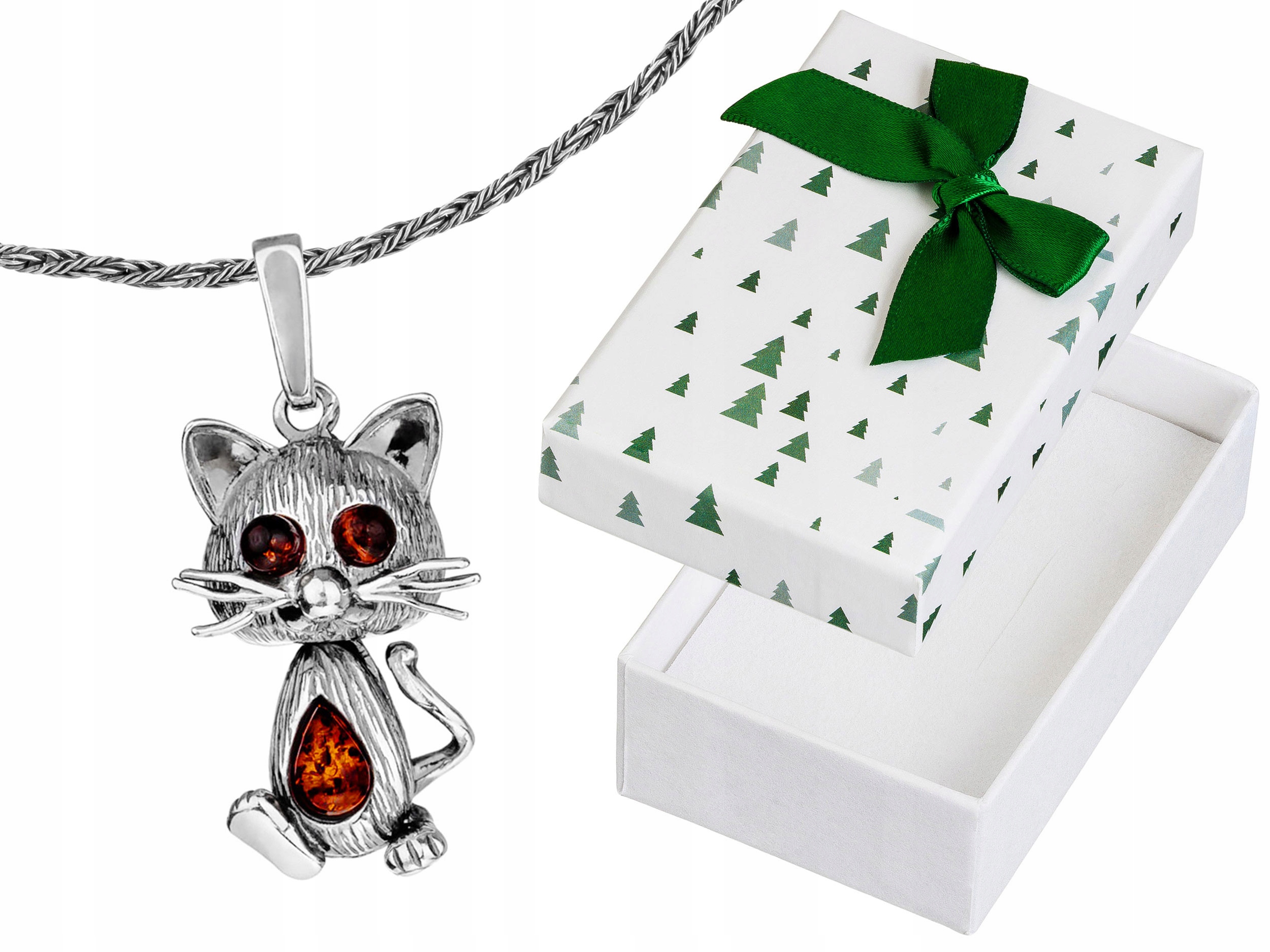 Velký Stříbrný Oxidovaný Náhrdelník Kočka s Jantarem Koťátko Jantar Choker 38