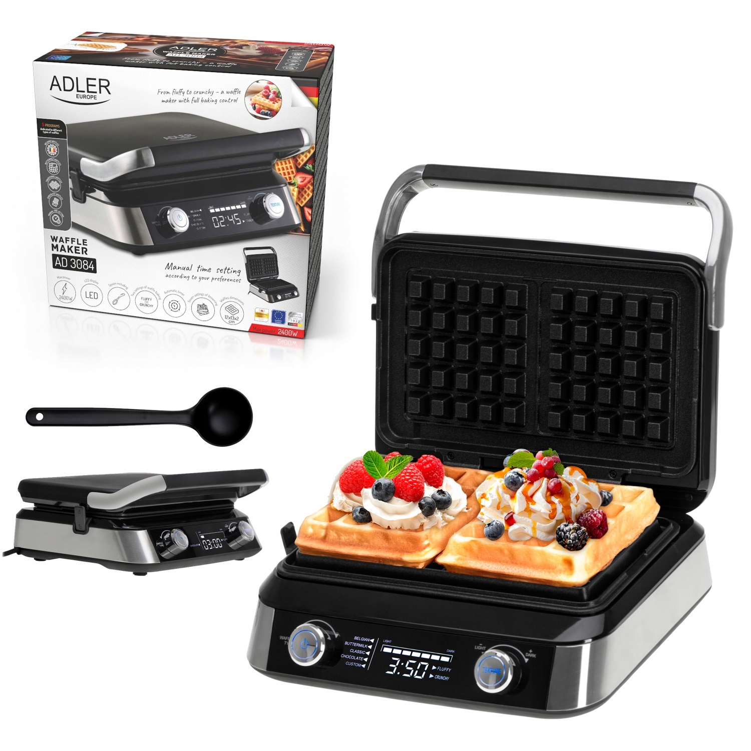 Vaflovač na 2 velké vafle XL 2400W 5 programů Hluboké desky Adler AD3084