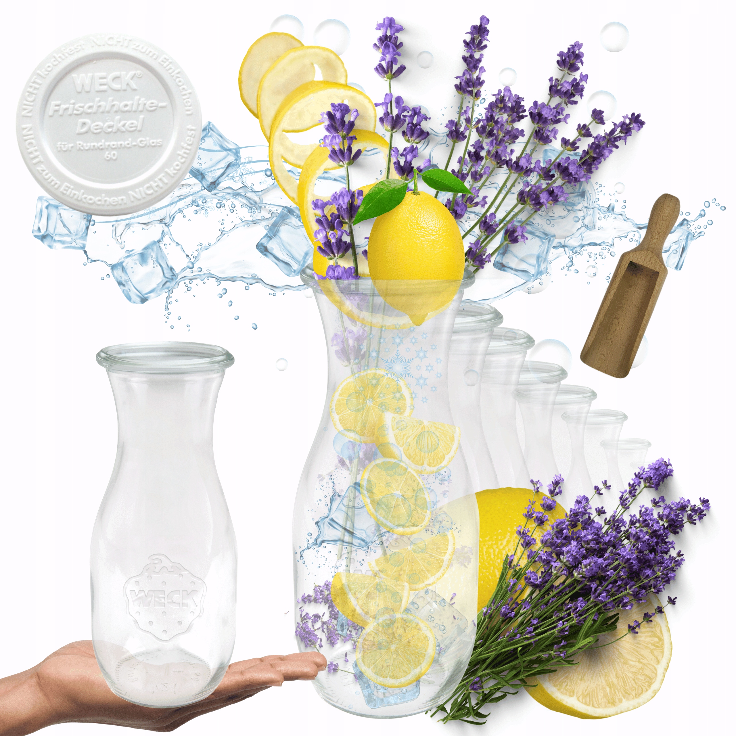 Karafy 1062 ml Weck 1L plastové veko Odmerka 12ks na vodu, víno a džús