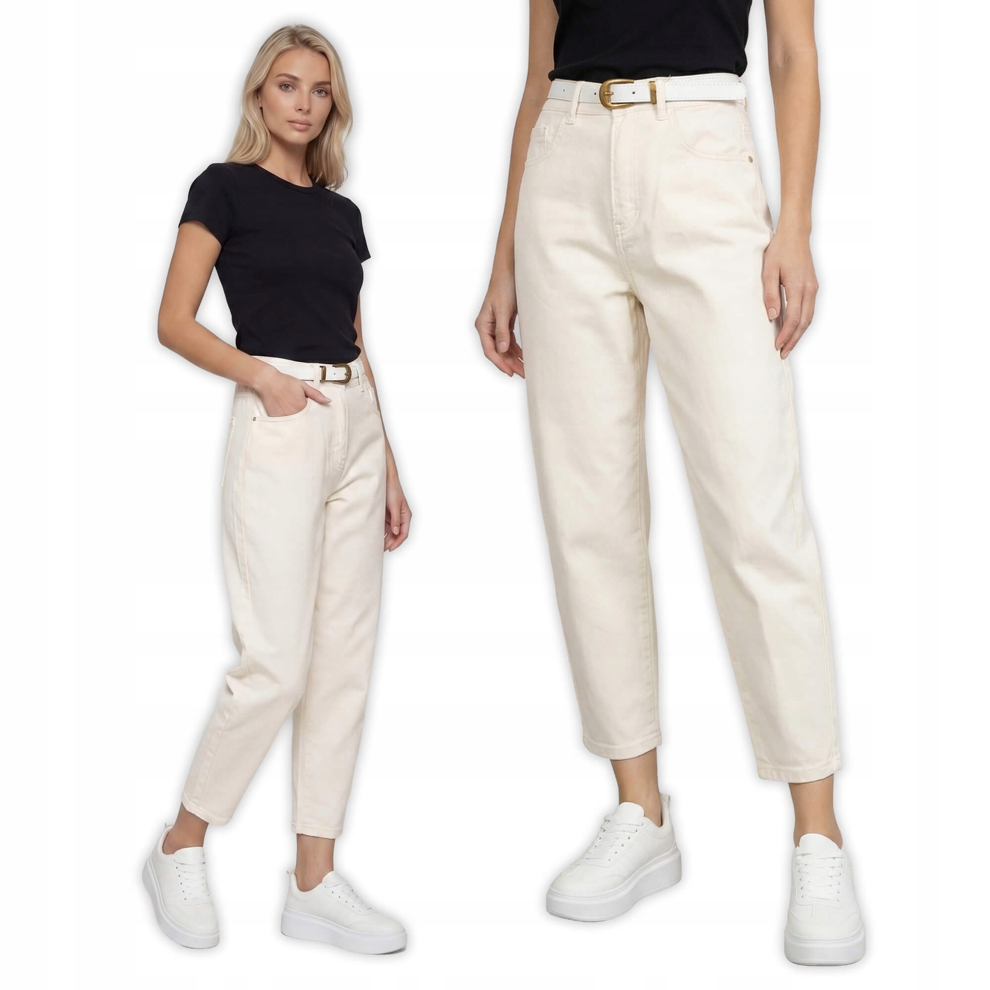 Spodnie jeans damskie M.Sara Balloon wysoki stan z paskiem J.Beżowe L