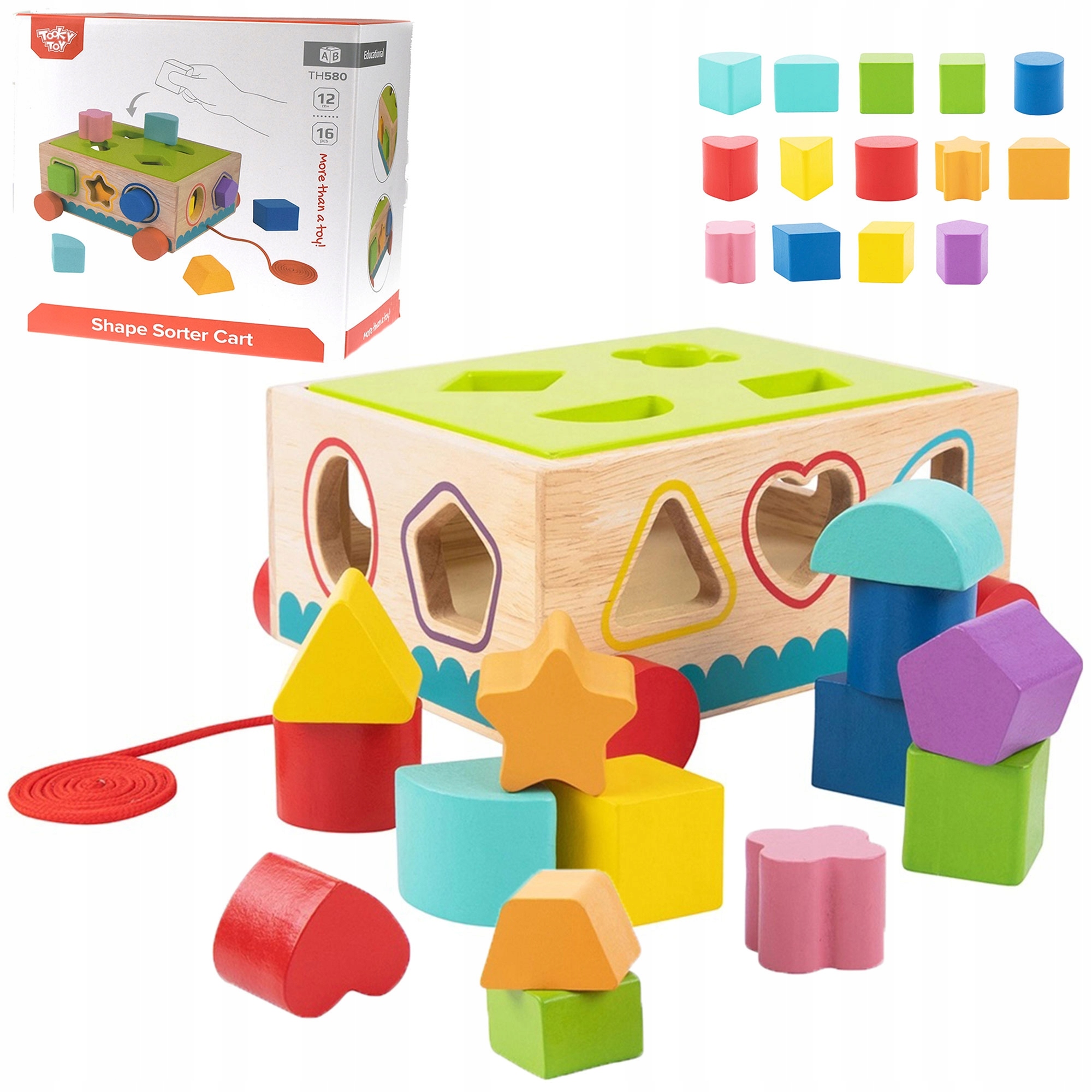 TOOKY TOY DREWNIANY SORTER WÓZEK KLOCKI 16 EL. Materiał drewno