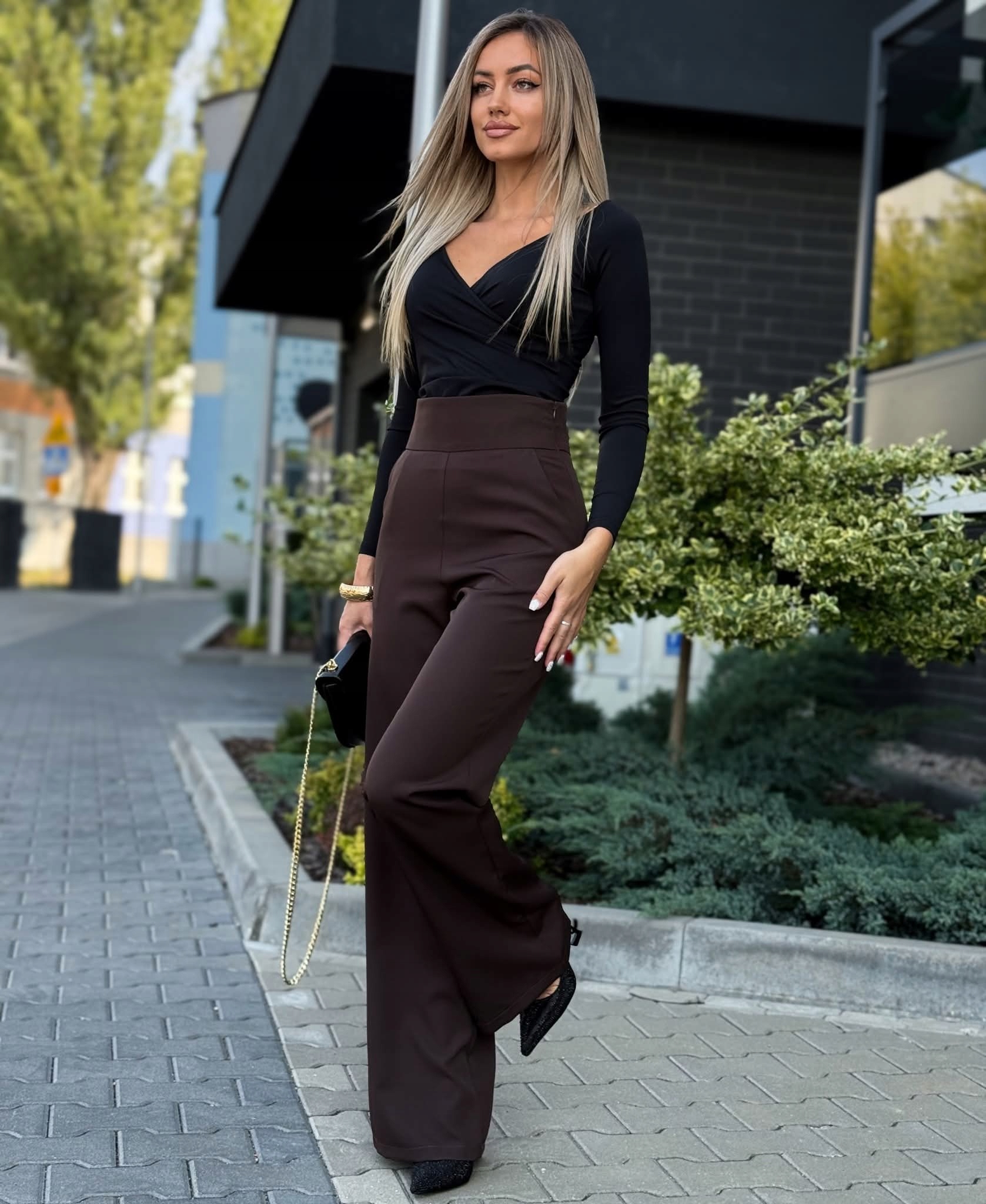 Elegantní kalhoty s vysokým pasem Široká nohavička Komfort Čokoláda S