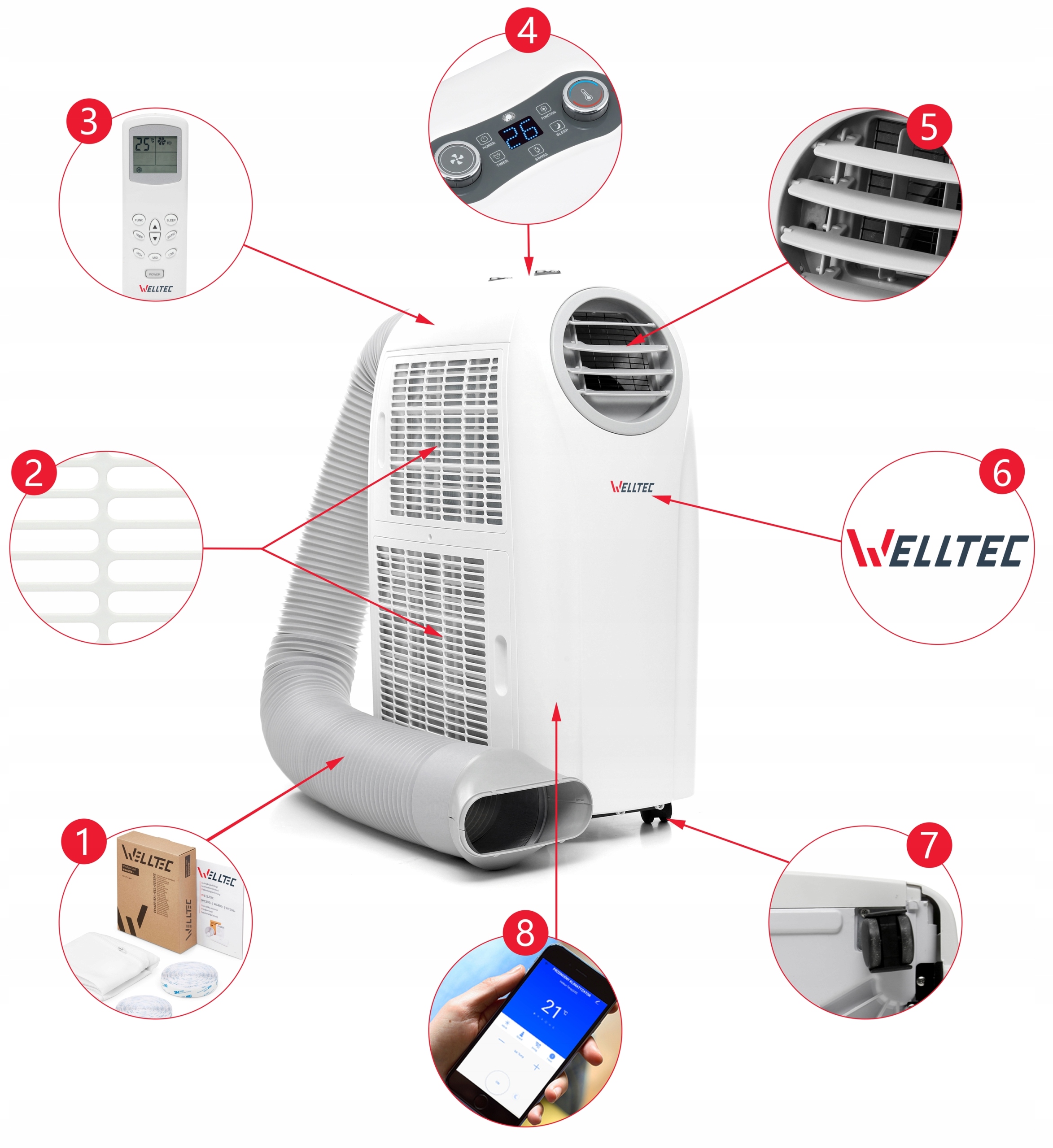 CICHY KLIMATYZATOR PRZENOŚNY WELLTEC ACH1414 5w1 WiFi 4kW 75m² + USZCZELKA Poziom hałasu 48 dB