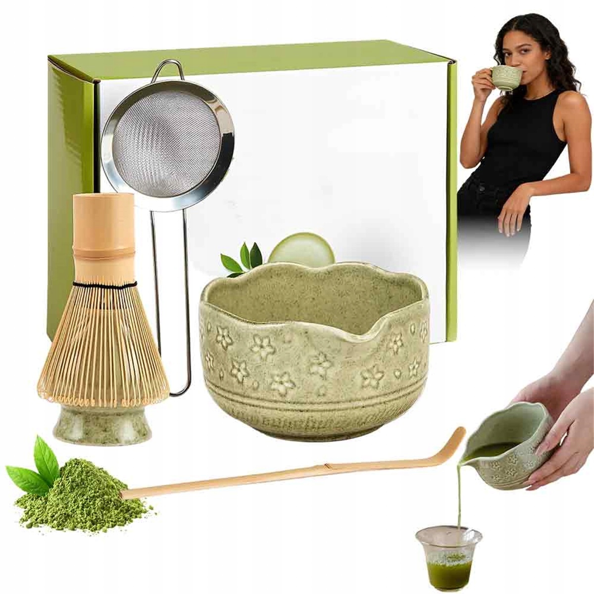 Levně Sada Na Matcha S Cedníkem A Lžící A Keramickou Miskou, Zelená