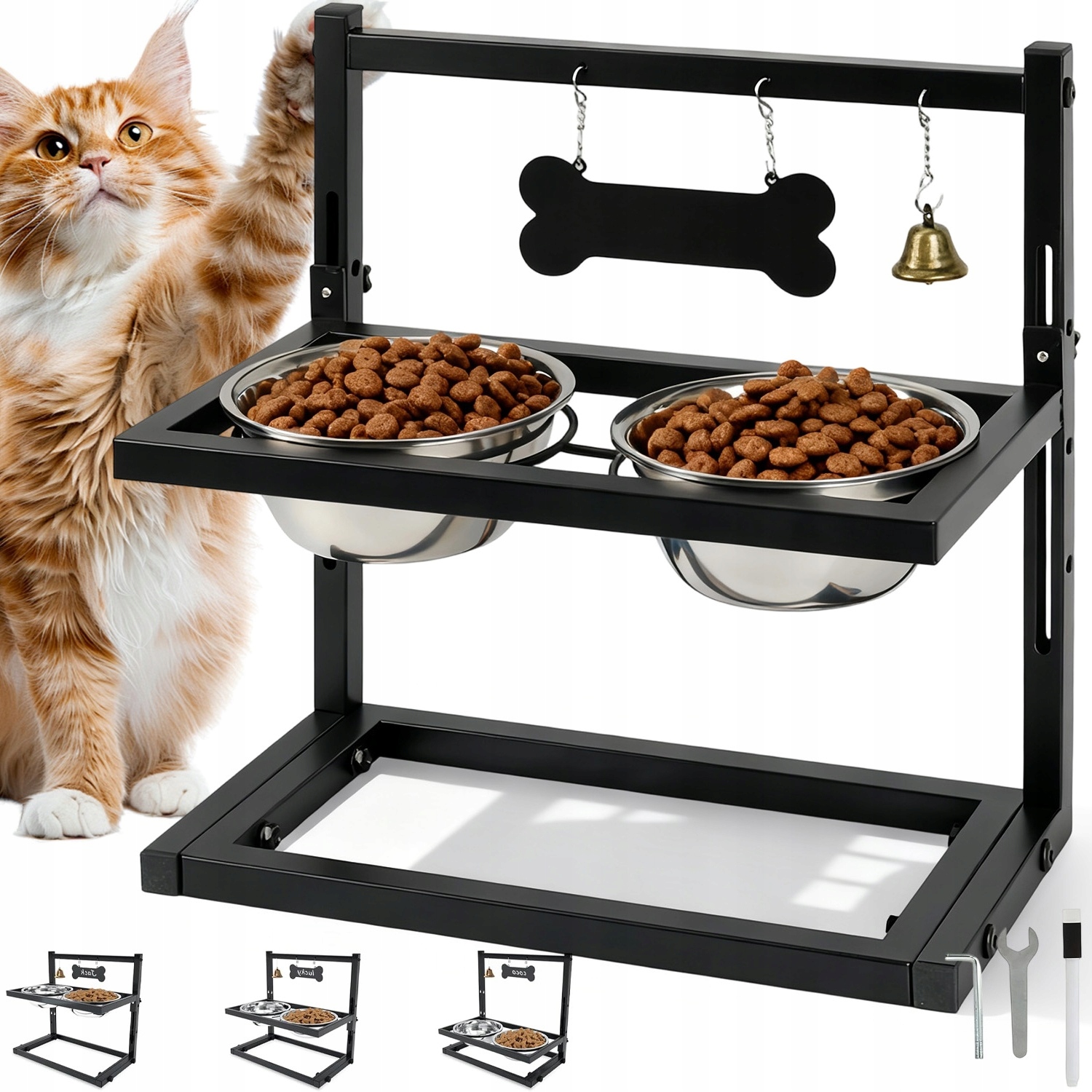 Vyvýšené Nastavitelné Misky Kovový Stojan Pro Psa Krmivo Voda 1.15 L