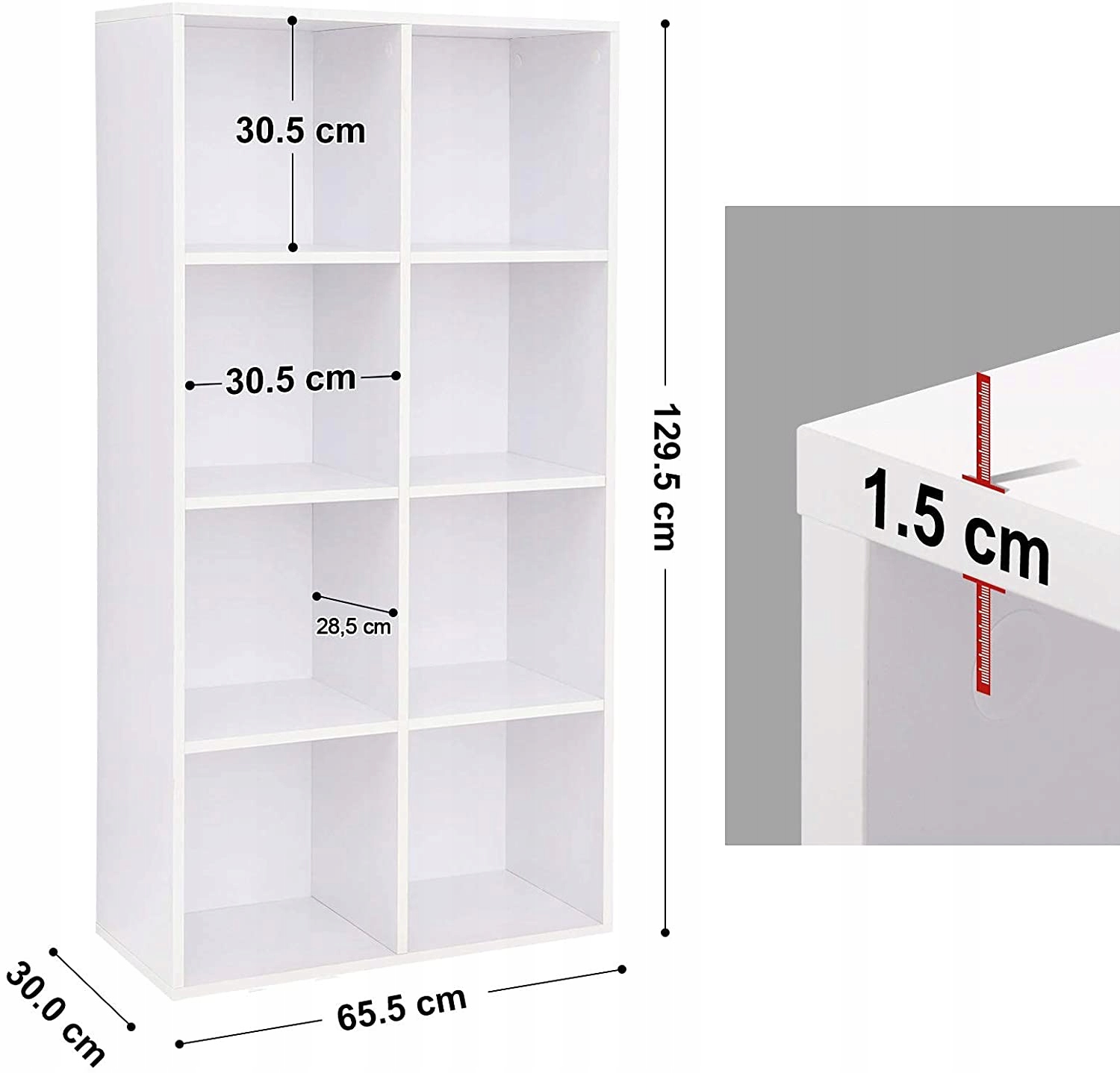 REGAŁ DREWNIANY BIAŁY VASAGLE SZAFKA 8 PÓŁEK Wysokość mebla 129.5 cm